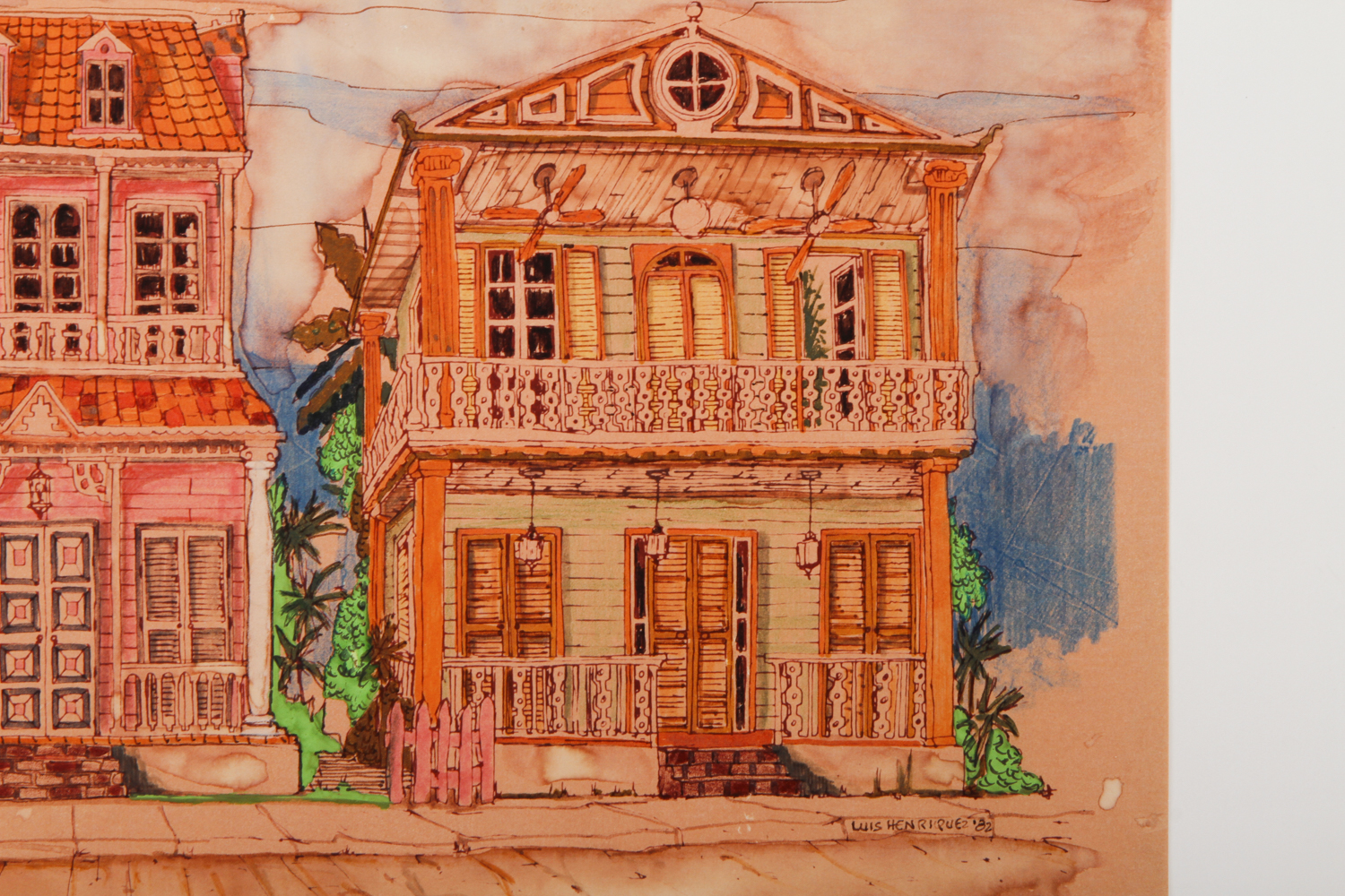 Luis Henriquez Watercolor Painting on Paper of Three Houses