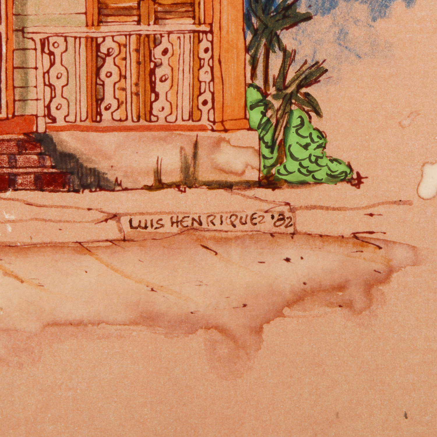 Luis Henriquez Watercolor Painting on Paper of Three Houses
