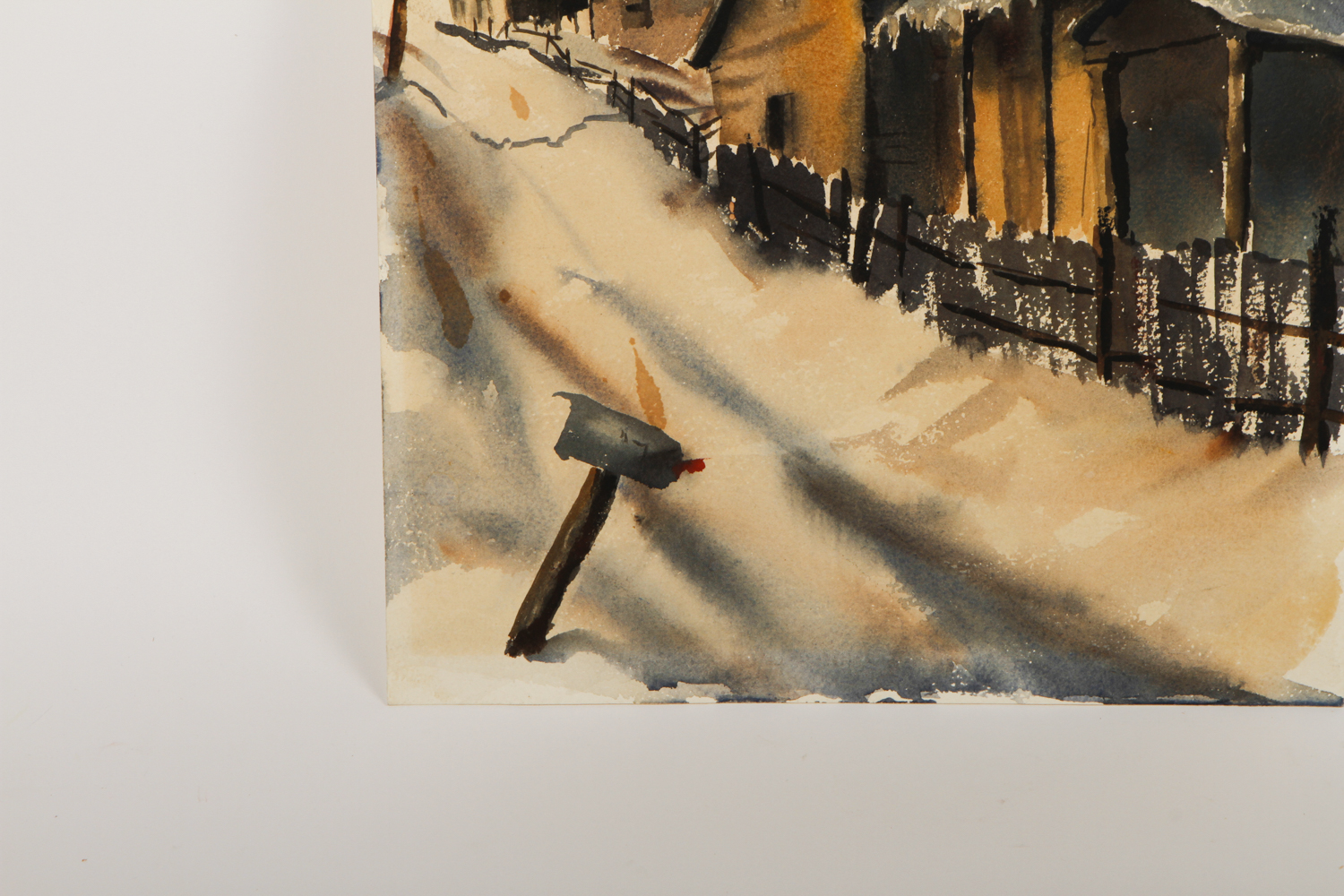 Watercolor Painting on Paper of a Winter Street Scene