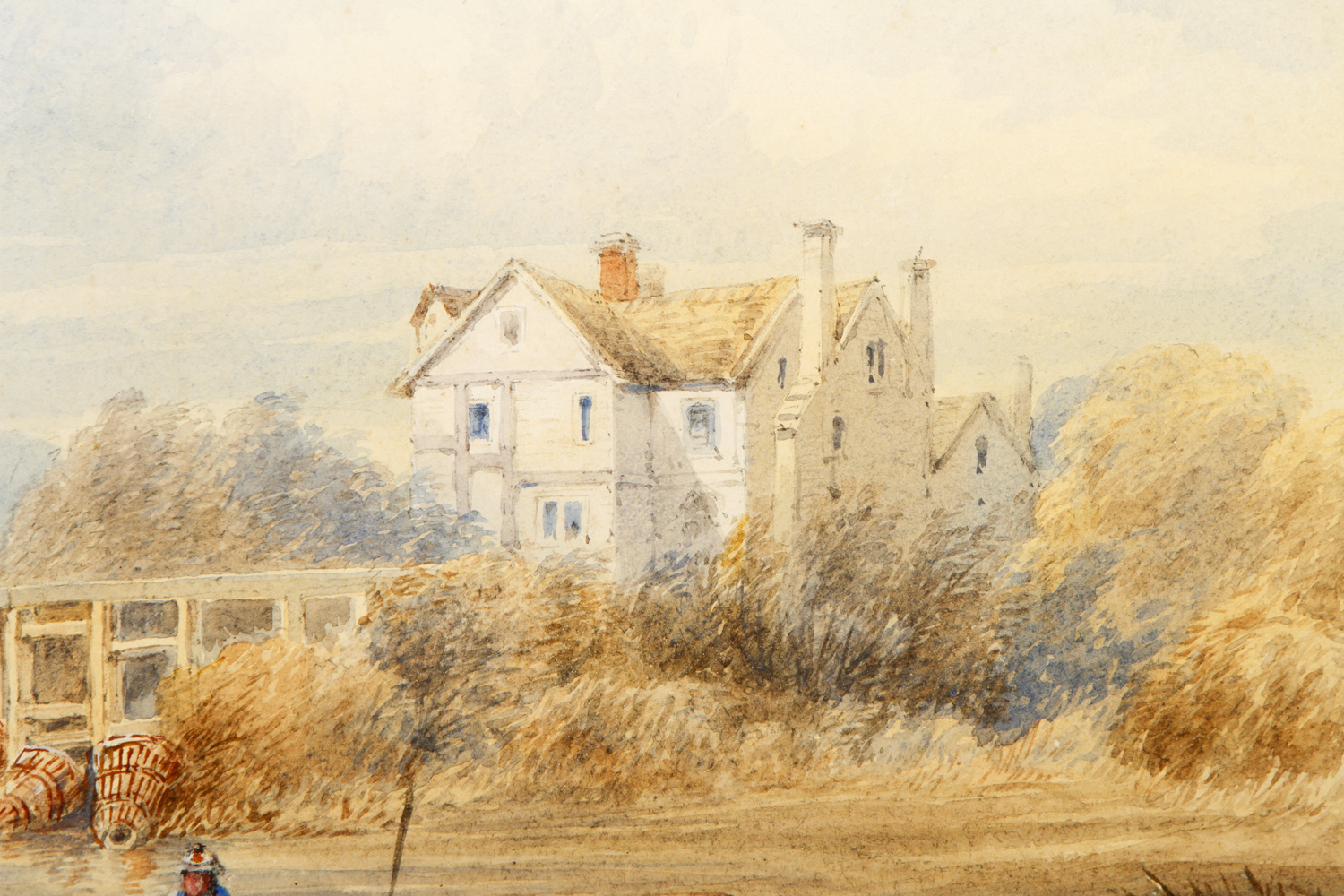 Watercolor and Gouache Painting on Paper of a Quaint English Landscape