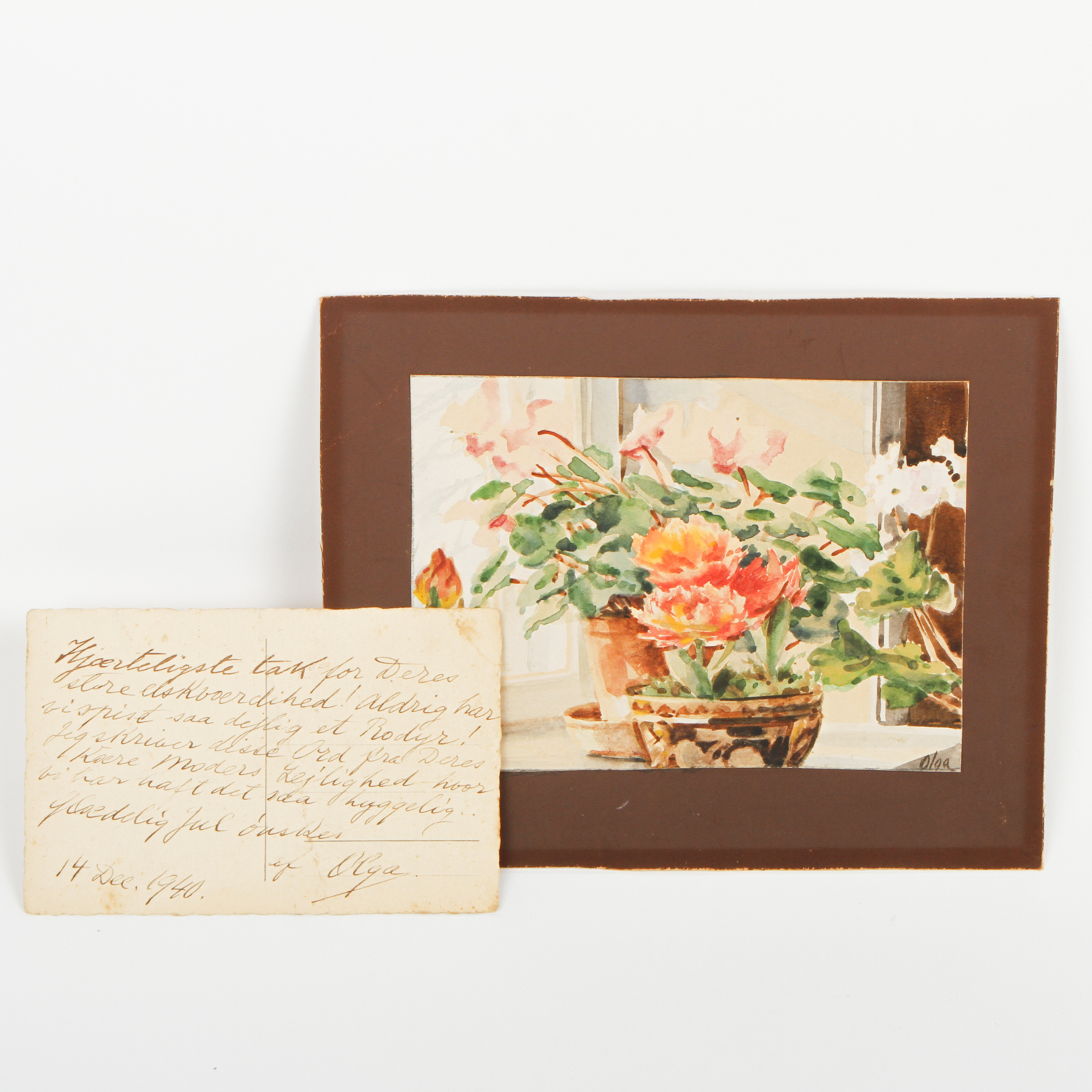 Her Imperial Highness Olga Alexandrovna Watercolor Painting on Card "Flowers in the Window"