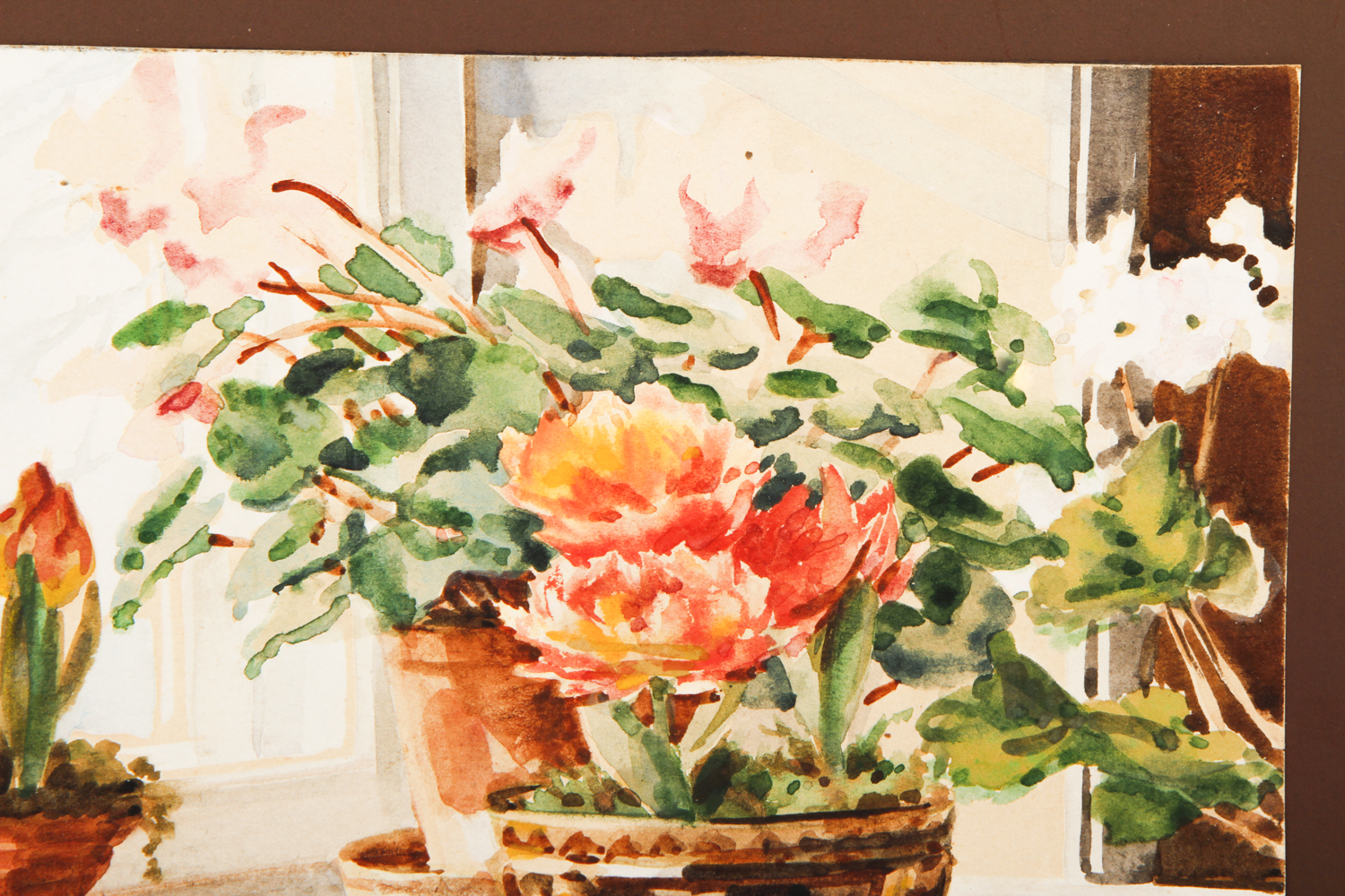 Her Imperial Highness Olga Alexandrovna Watercolor Painting on Card "Flowers in the Window"