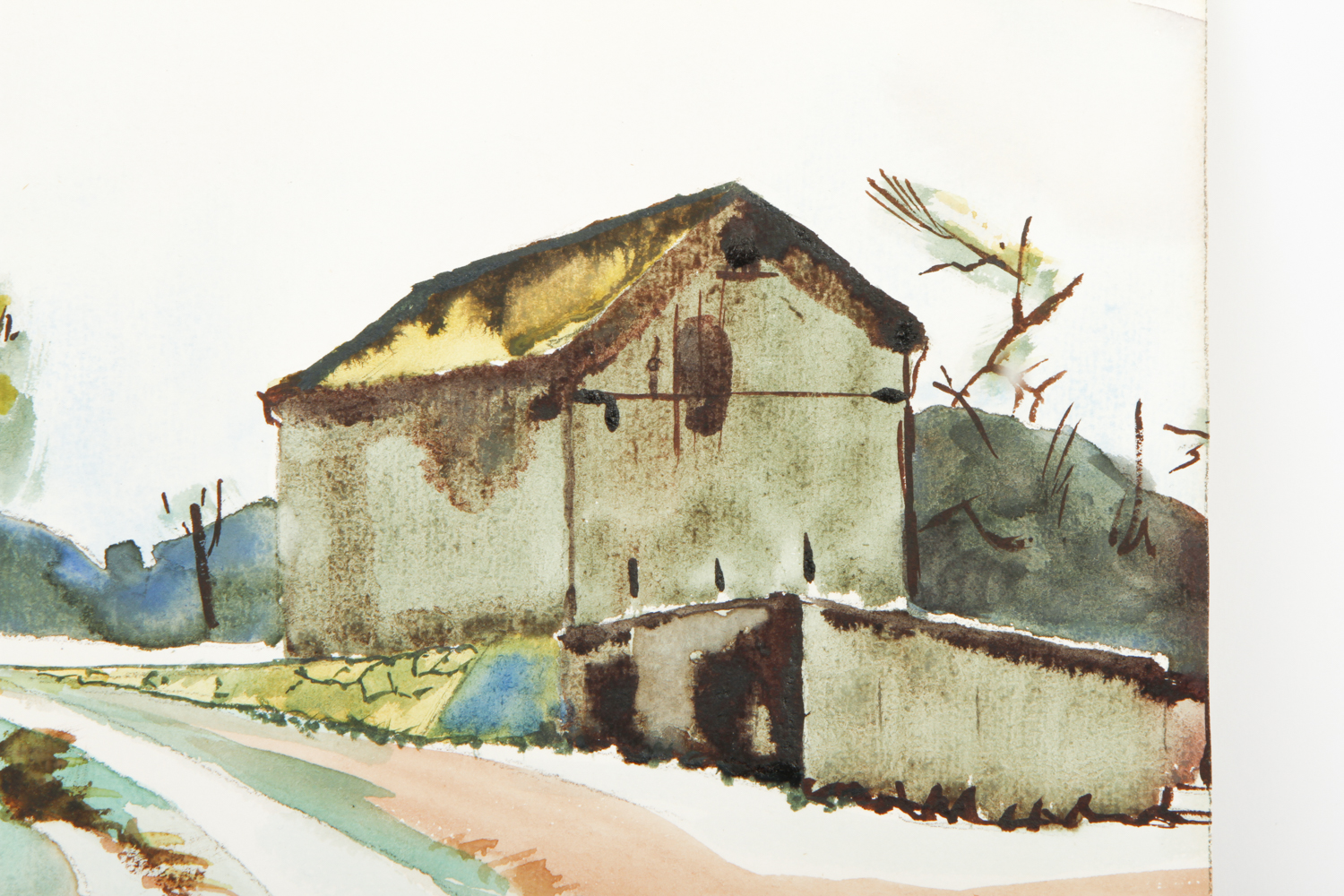 L. Aldous Watercolor and Pen and Ink on Paper "Farm Landscape"