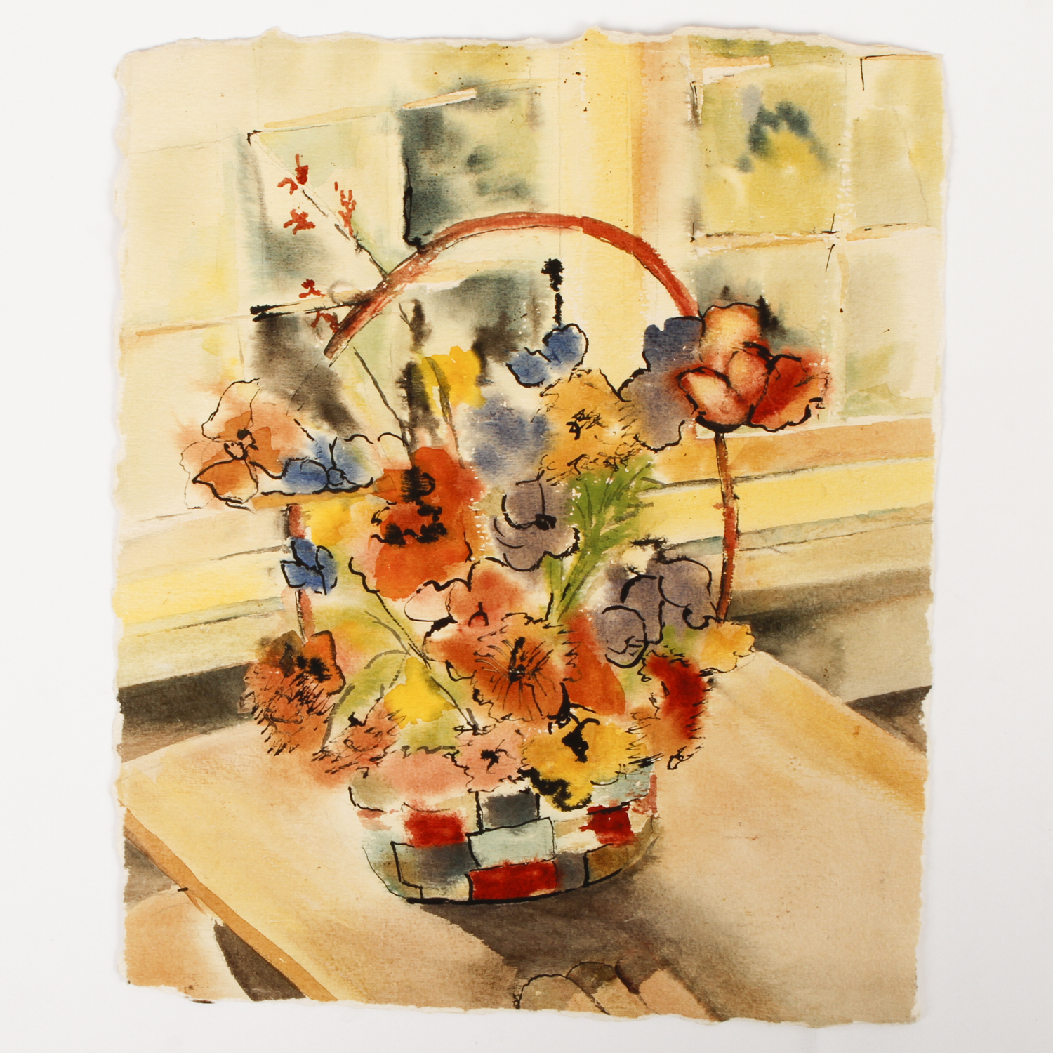 Watercolor Painting on Paper of a Basket of Flowers