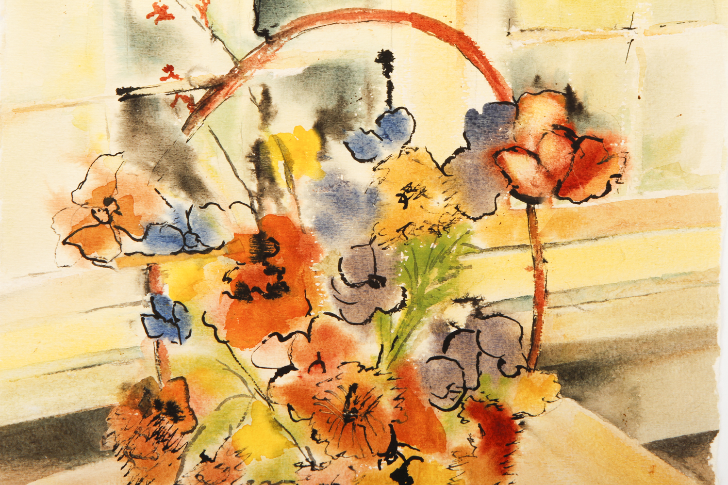Watercolor Painting on Paper of a Basket of Flowers