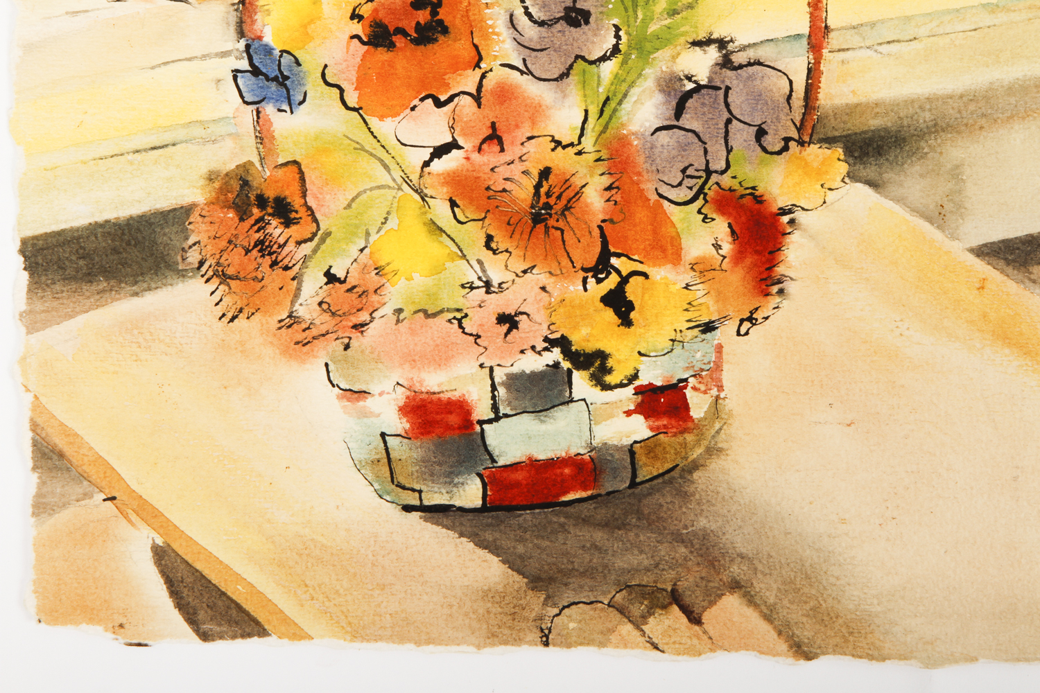 Watercolor Painting on Paper of a Basket of Flowers