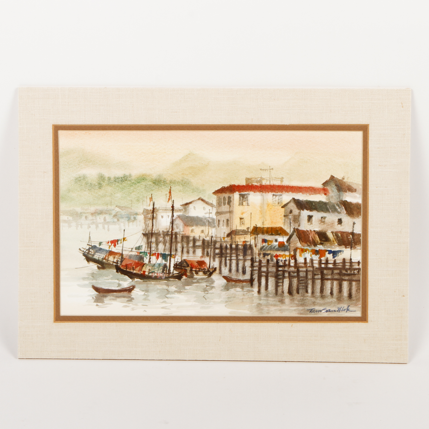 Tam Sau Mok Watercolor Painting on Paper "Junks in the Hong Kong Harbor"