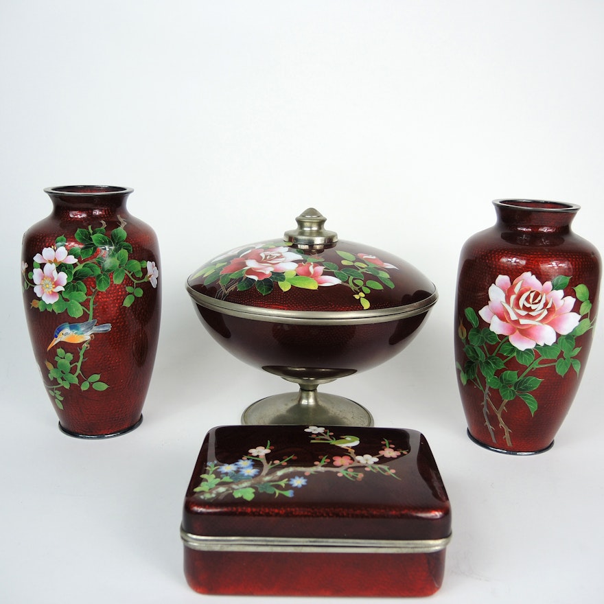 Japanese Burgundy Cloisonné Decorative Set