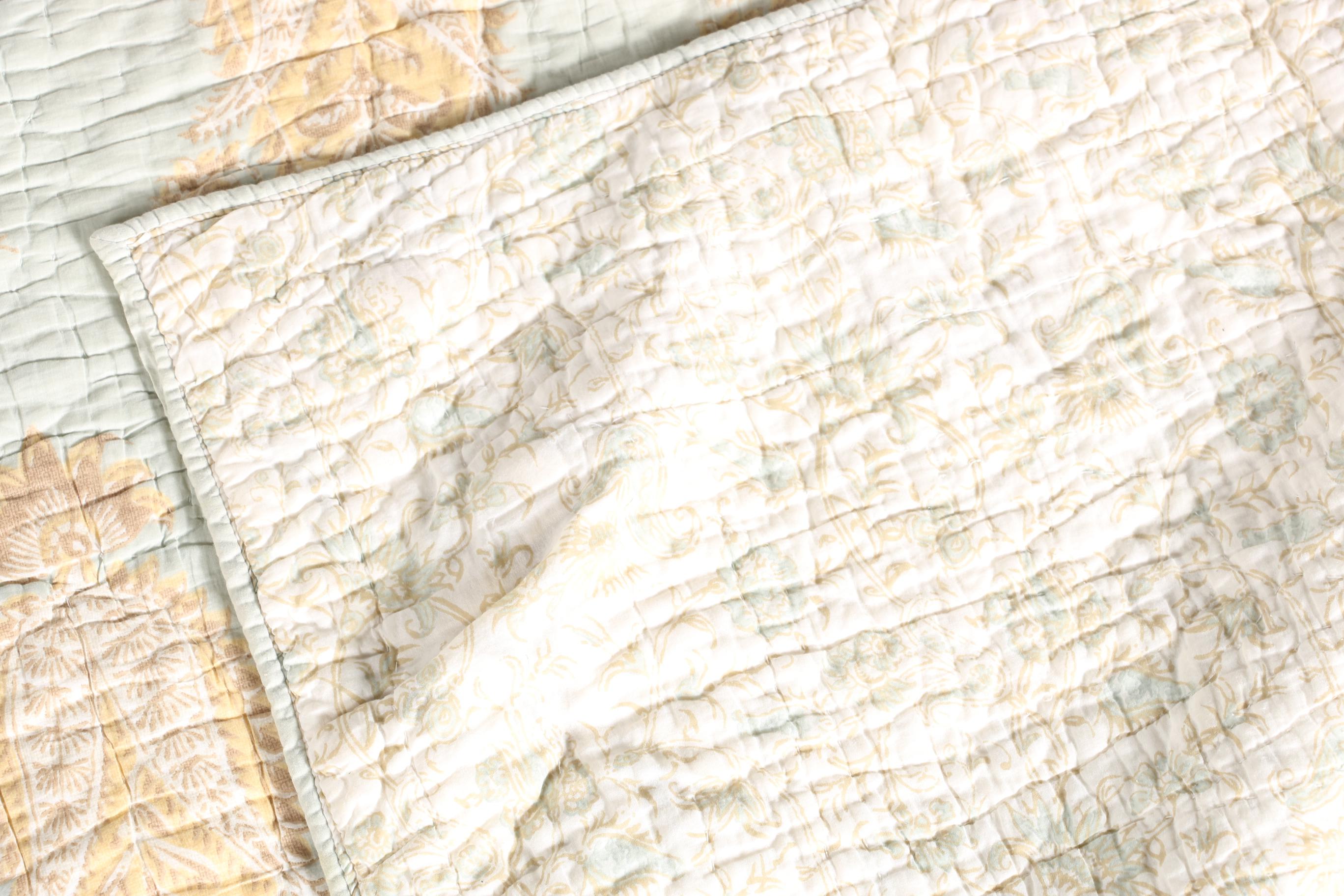 Blue and Tan Quilted Bedspread