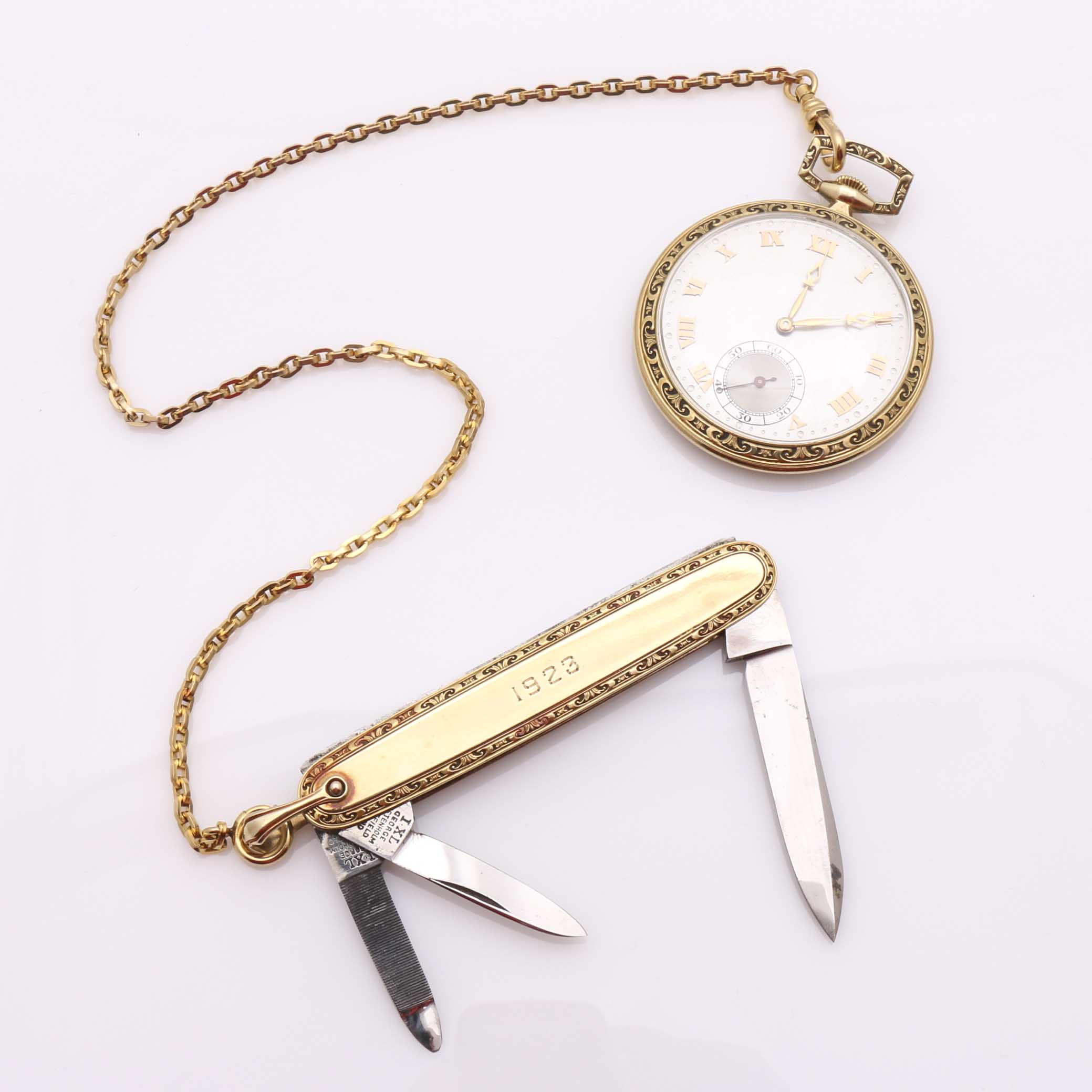 14K Gold Pocket Watch, 14K George Wostenholm Pocket Knife, and Simmons Fob Chain