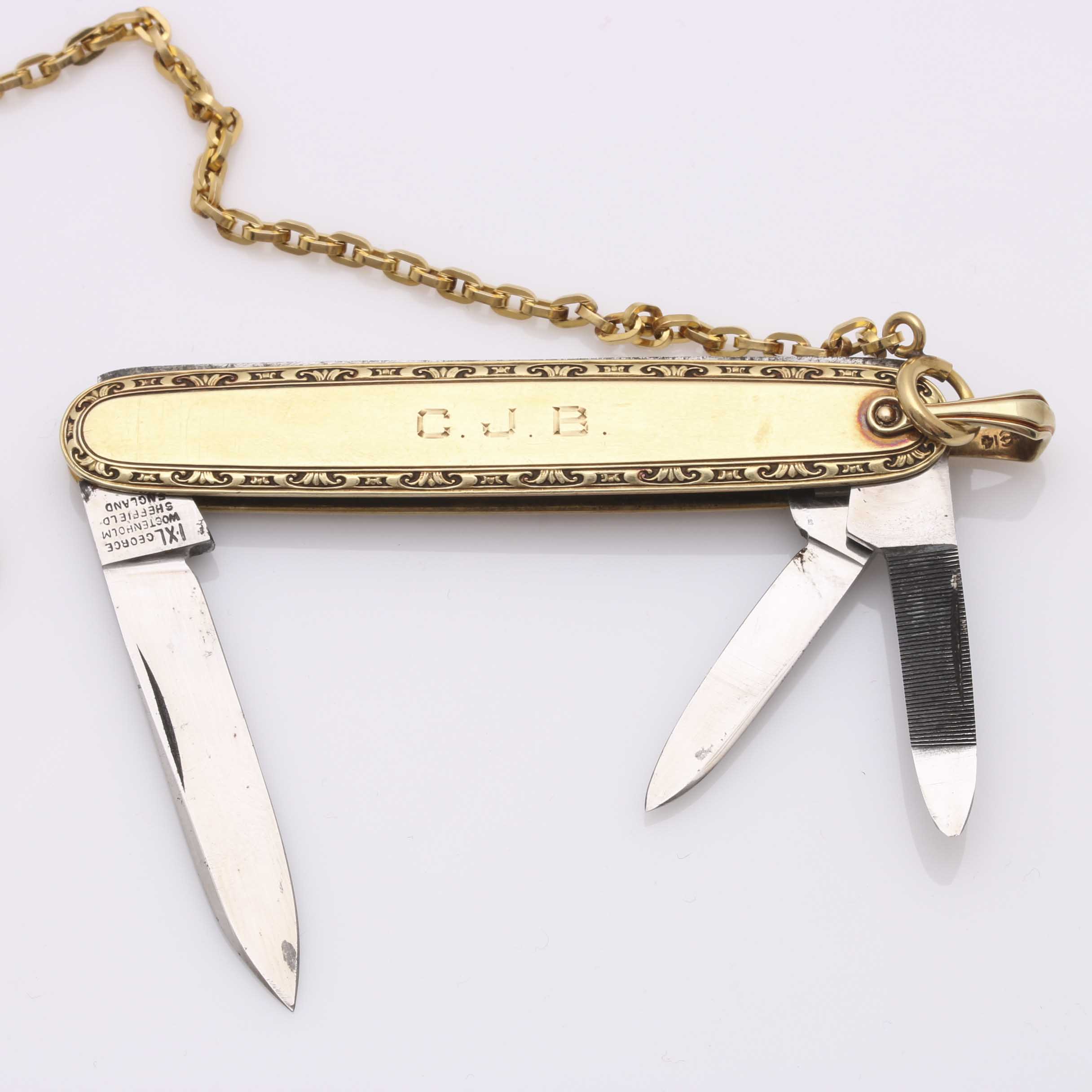 14K Gold Pocket Watch, 14K George Wostenholm Pocket Knife, and Simmons Fob Chain