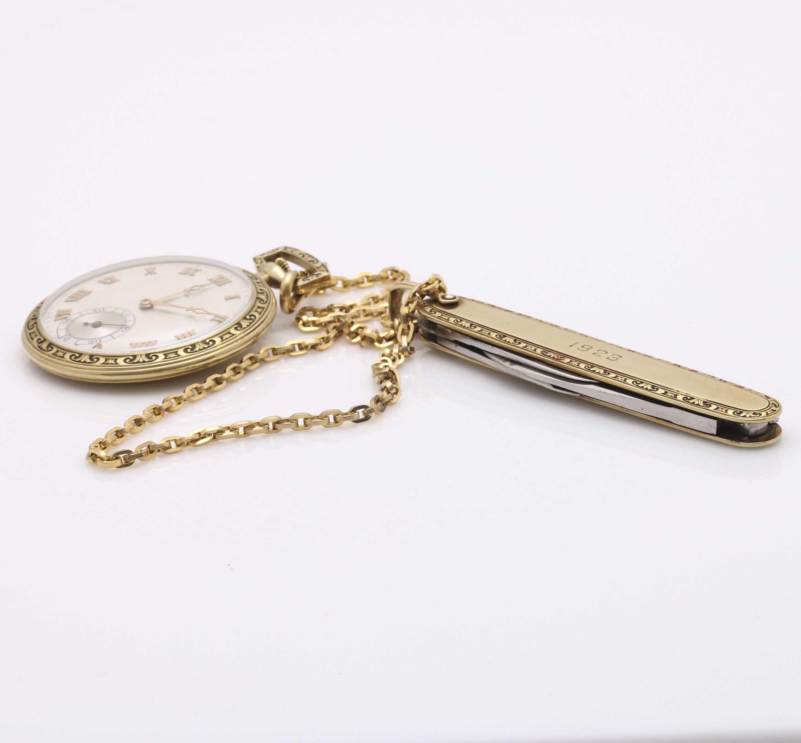14K Gold Pocket Watch, 14K George Wostenholm Pocket Knife, and Simmons Fob Chain