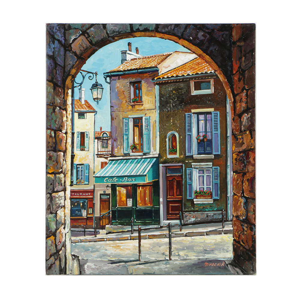 Yuri Dvornik Oil on Canvas of Street View through Archway