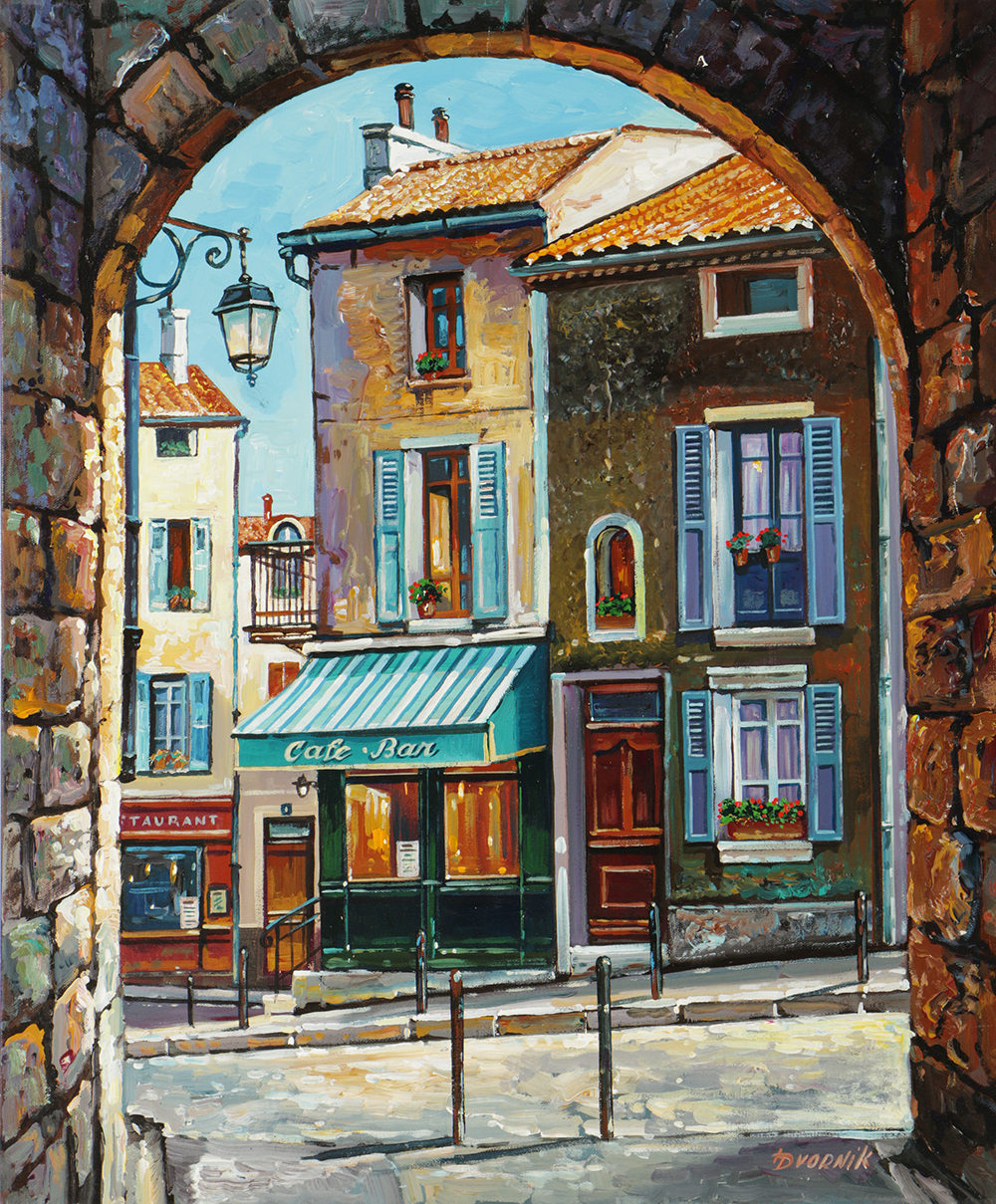 Yuri Dvornik Oil on Canvas of Street View through Archway