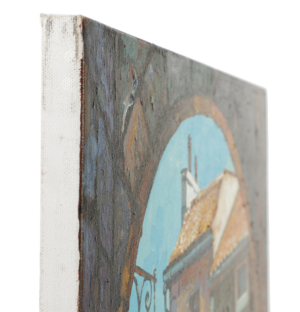 Yuri Dvornik Oil on Canvas of Street View through Archway