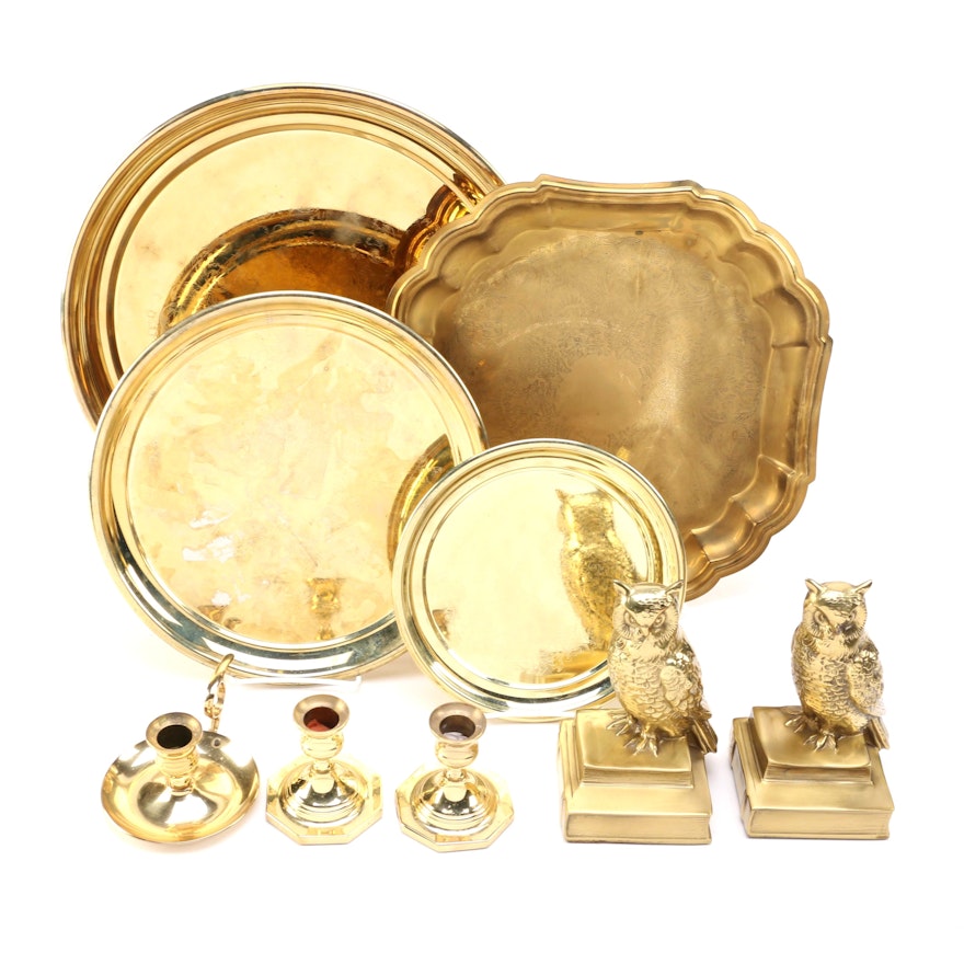 Brass Infused Plate Set With Owl Statues and Candle Holders