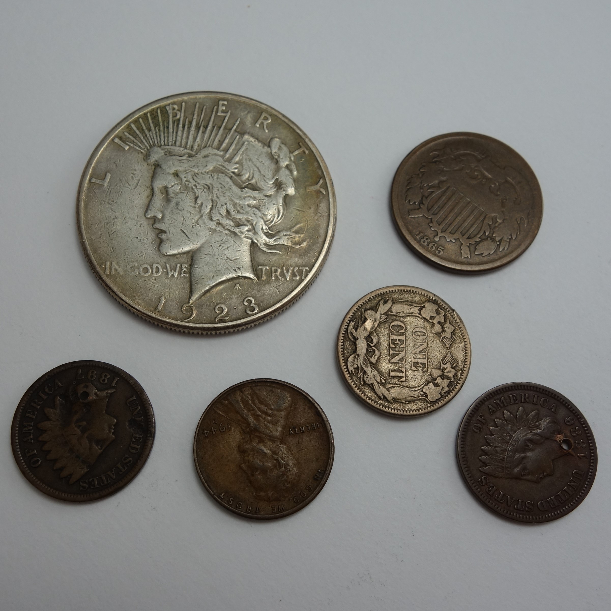 1923-S Peace Dollar, Flying Eagle and Indian Head Pennies