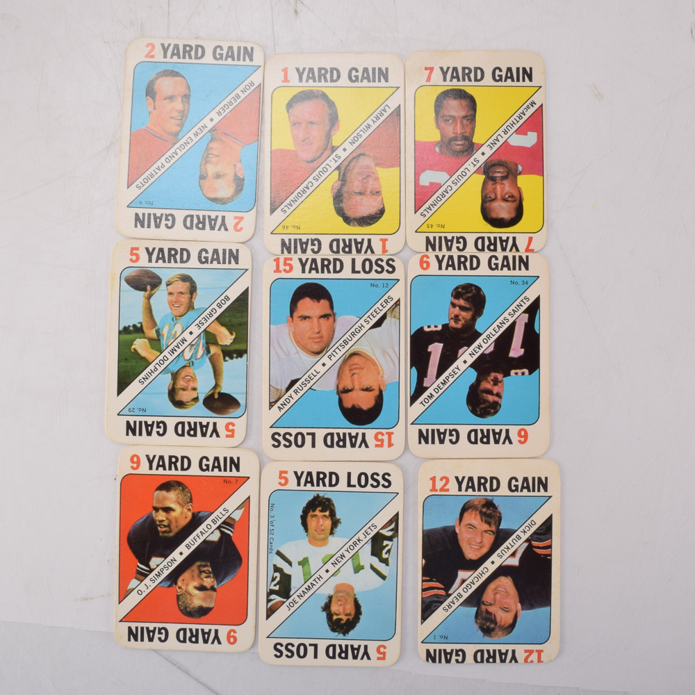 Vintage Topps Football Game Cards Featuring O.J. Simpson, Joe Namath, and Dick Butkus