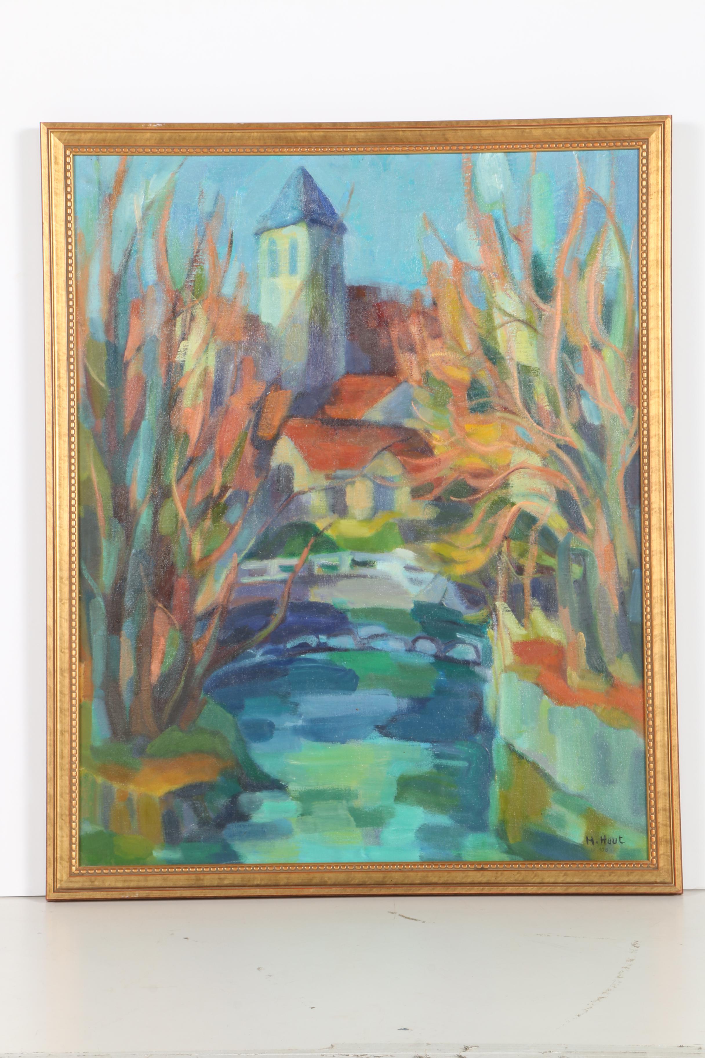 Harold Hout Oil on Canvas Abstract Landscape "The Bridge"