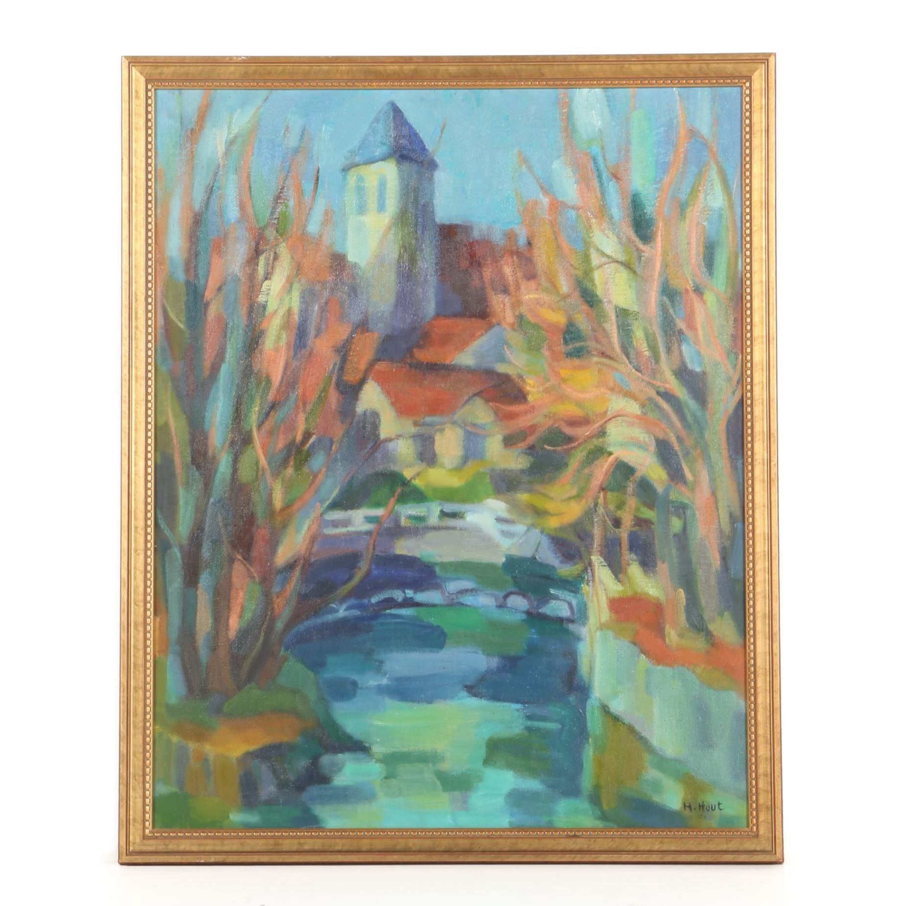 Harold Hout Oil on Canvas Abstract Landscape "The Bridge"