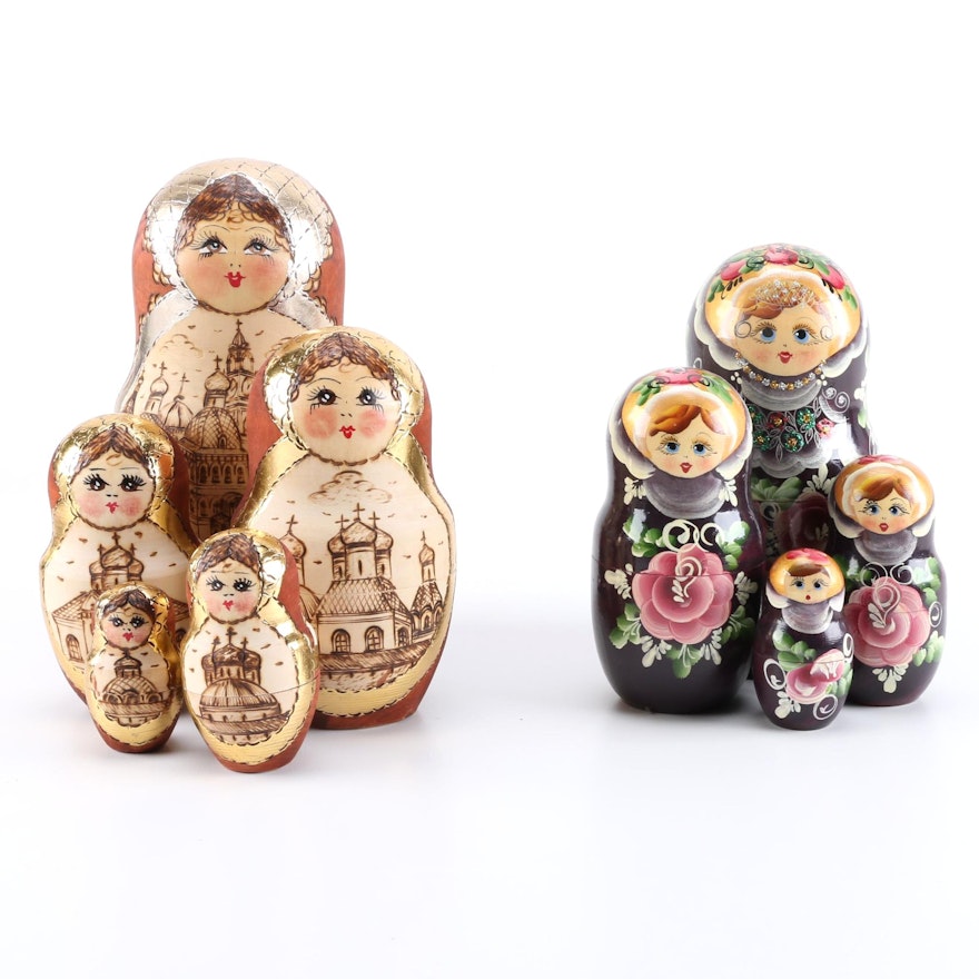 Pair of Hand-Painted Russian Matroyshka Nesting Dolls