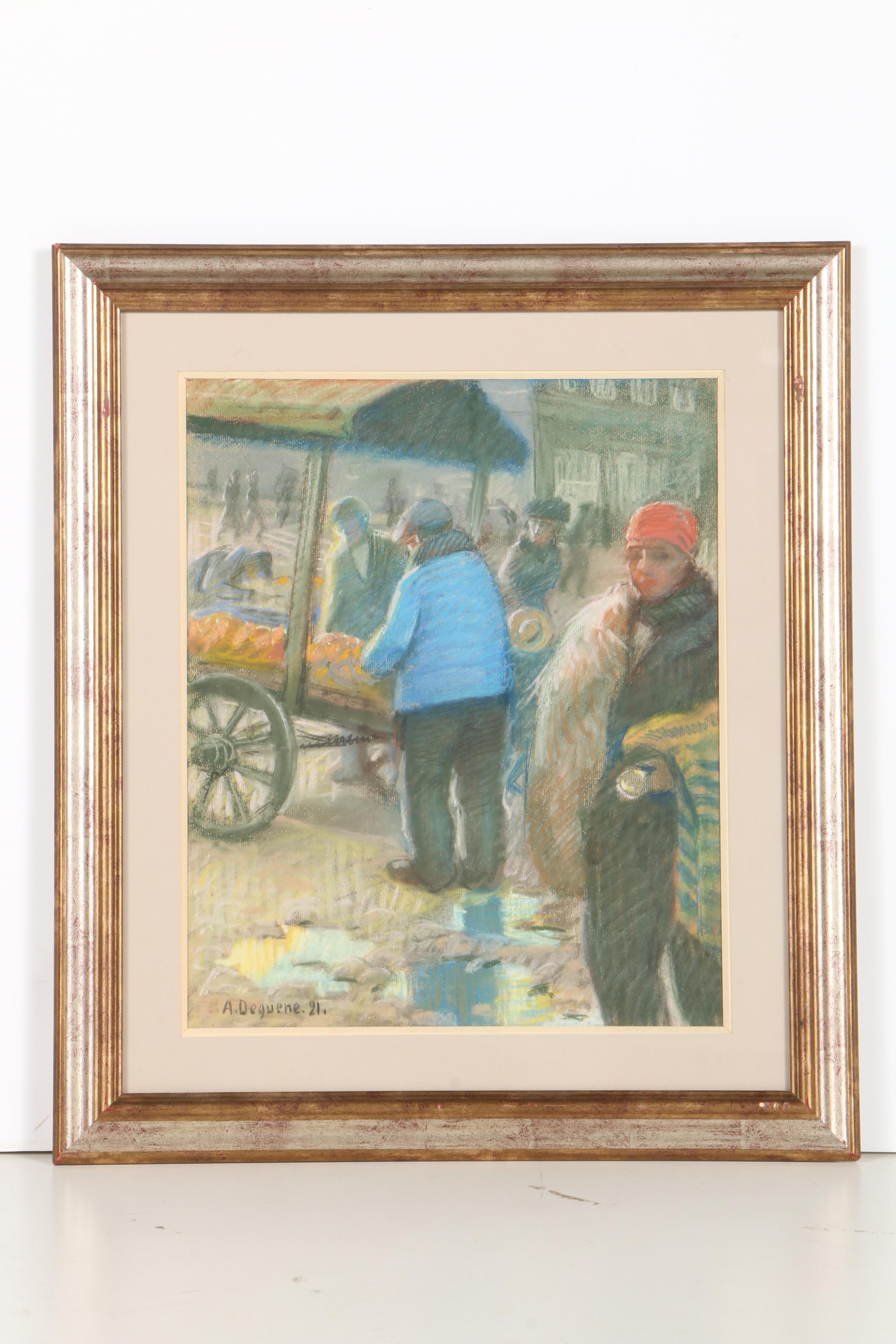 Albert Dequene Pastel Drawing "Marchand de Legumes"