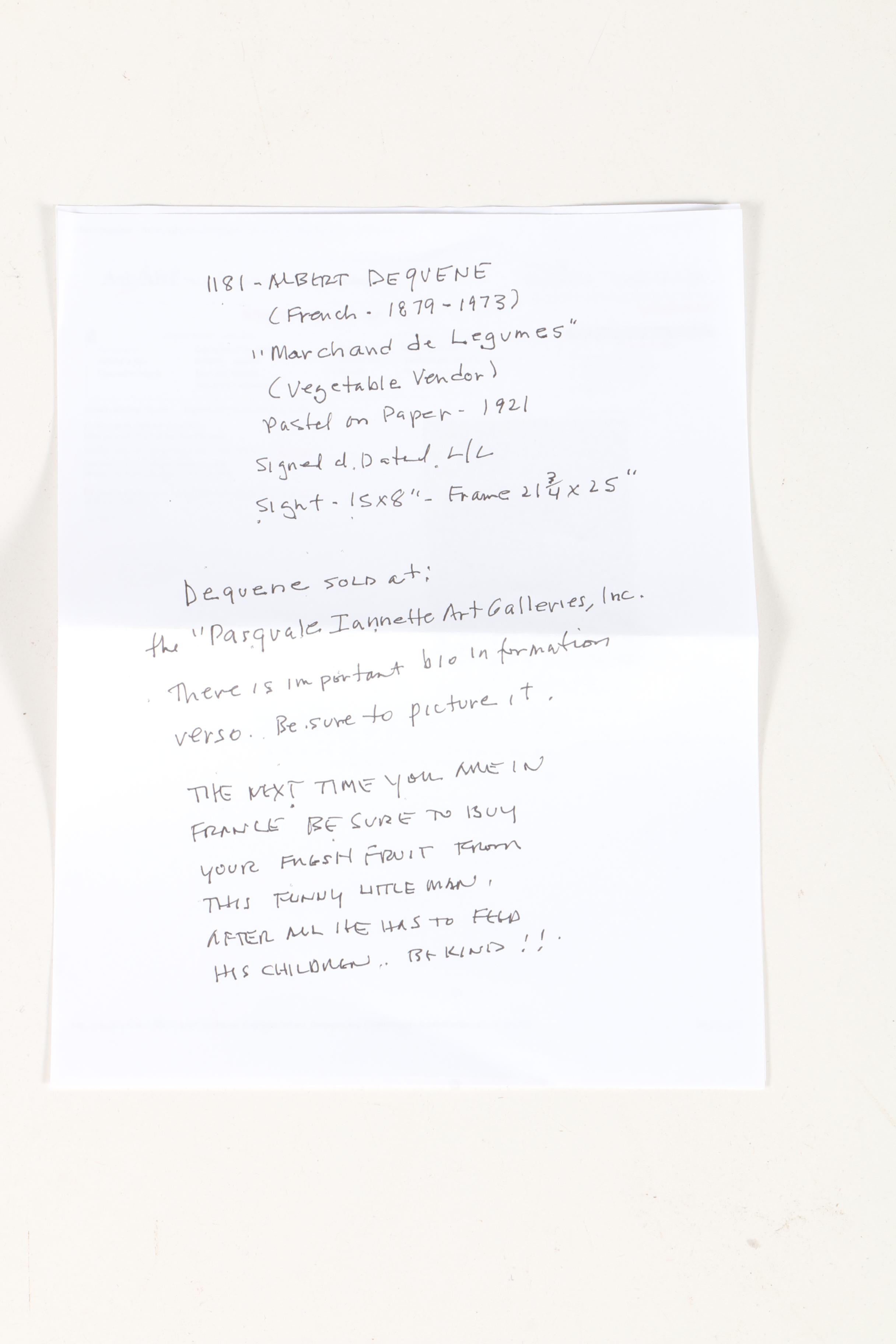 Albert Dequene Pastel Drawing "Marchand de Legumes"