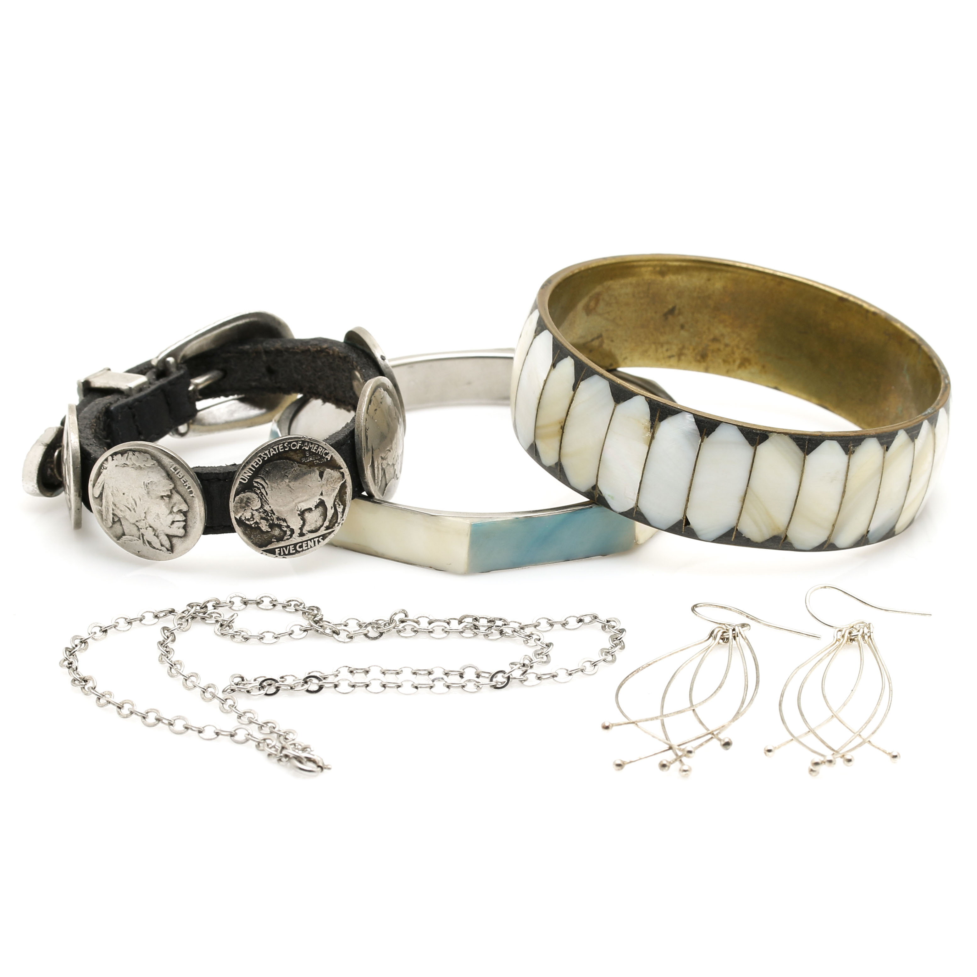 Eclectic Assortment of Jewelry Featuring Shell Inlay and Buffalo Nickels