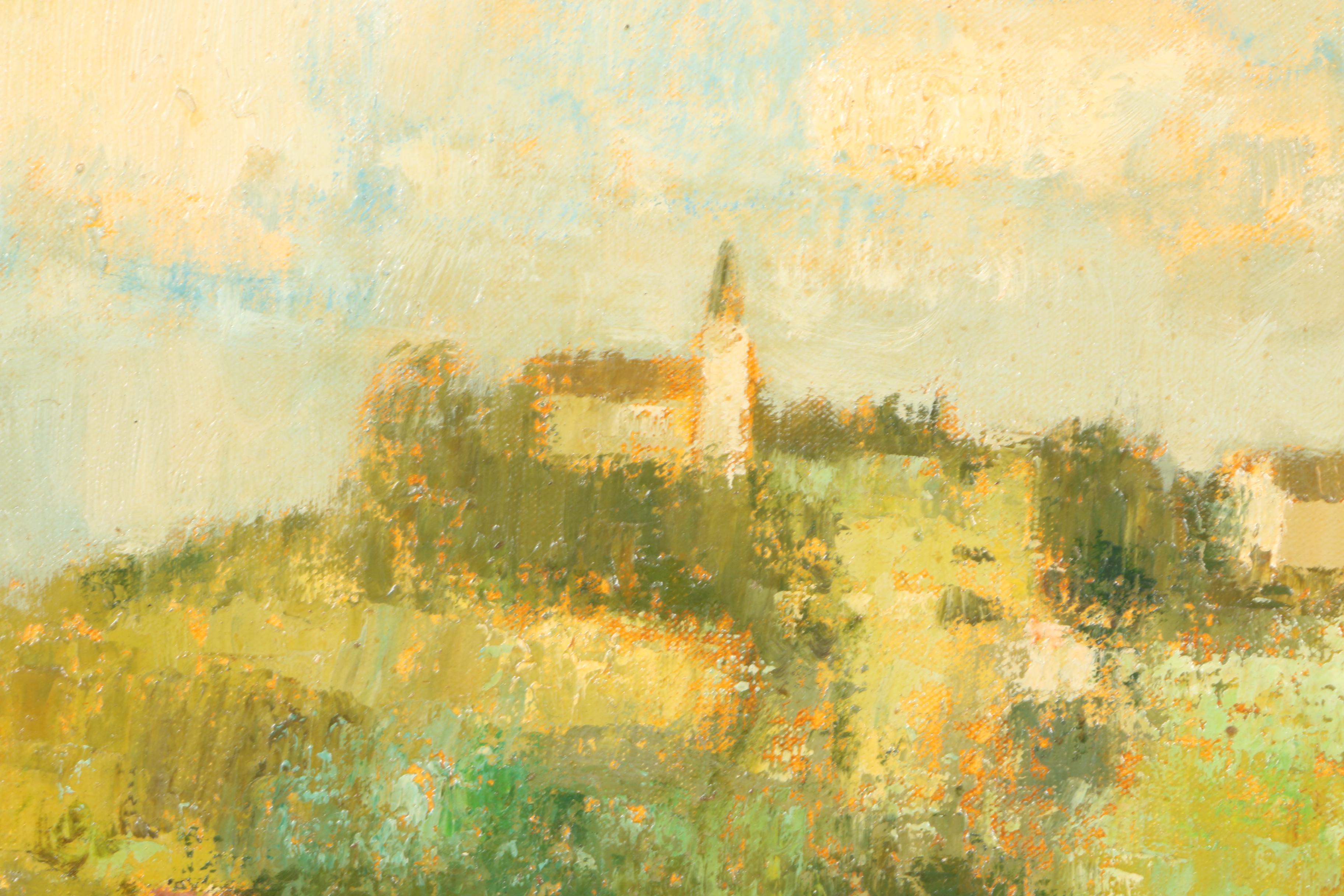 Gérard Passet Oil on Canvas Landscape"Village on a Hill"