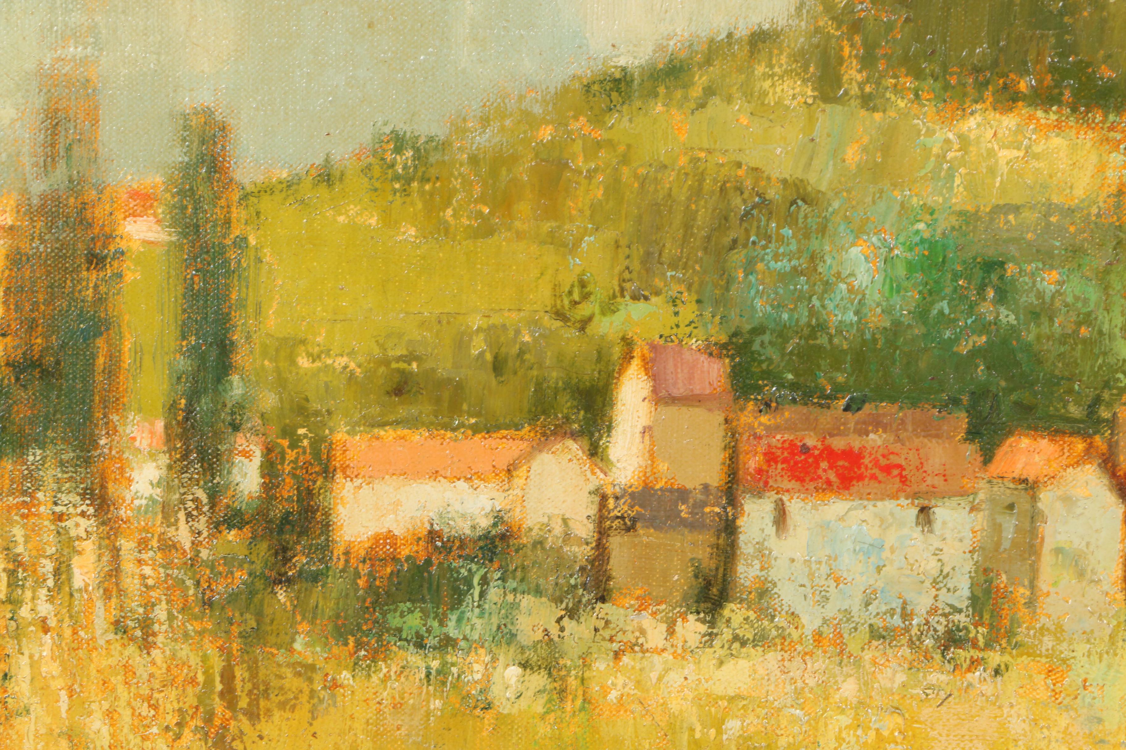 Gérard Passet Oil on Canvas Landscape"Village on a Hill"