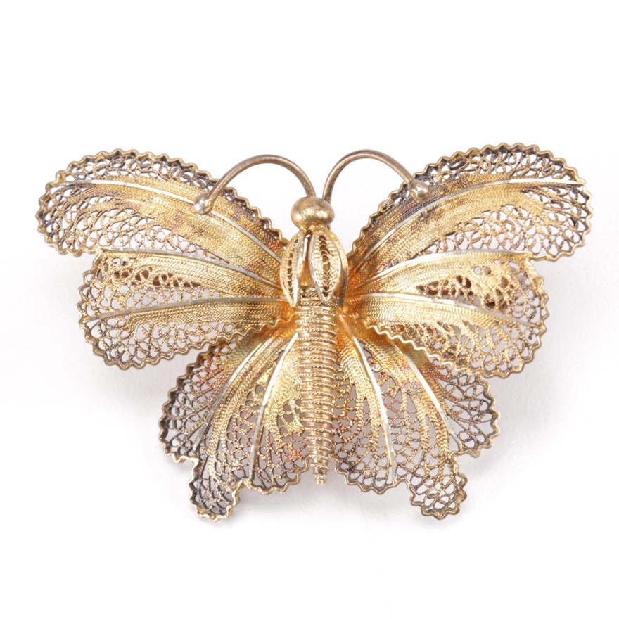 800 Silver Gold Wash Butterfly Brooch