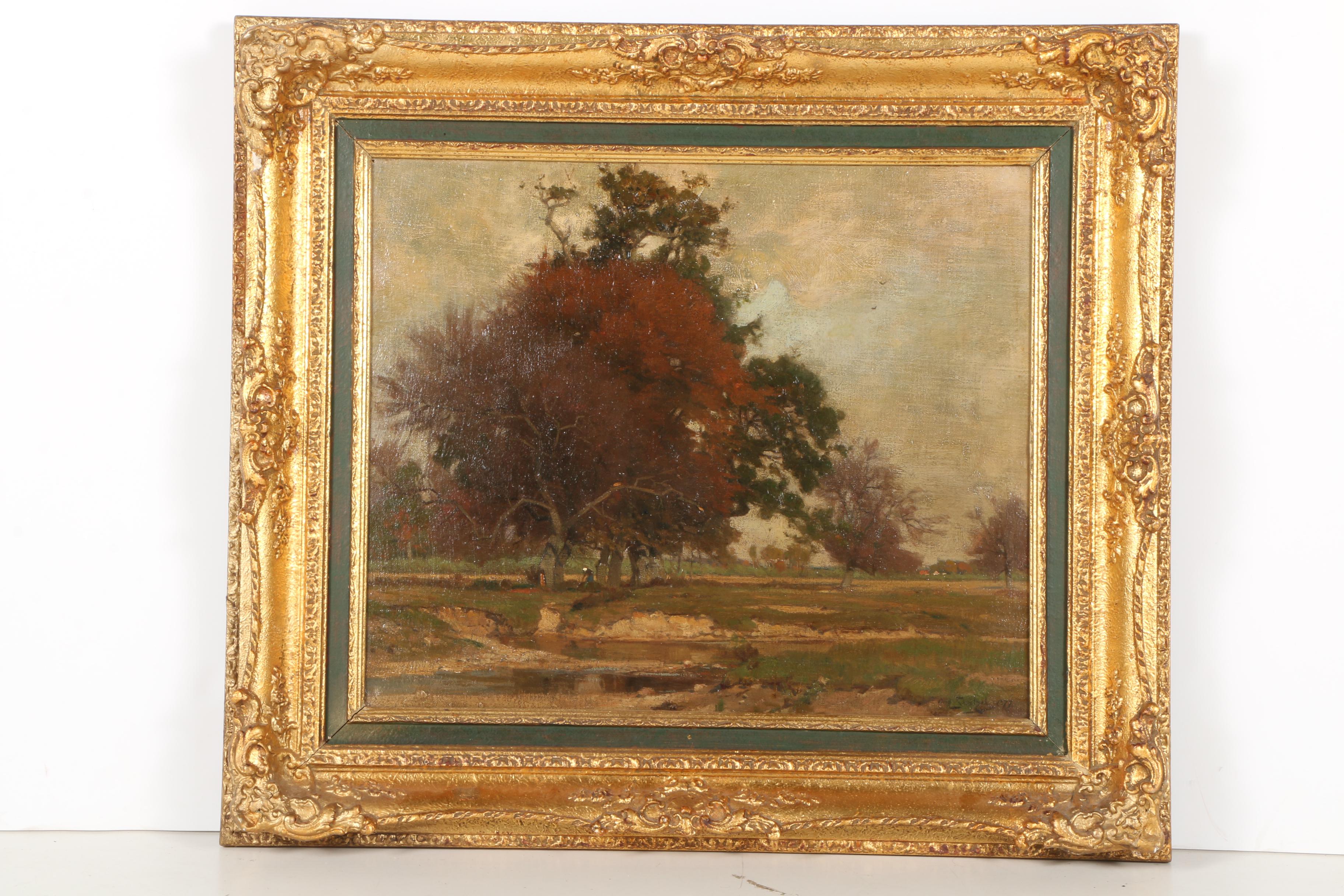 1877 Otto Strutzel Oil on Canvas "Landscape with Figures and Distant Farm"