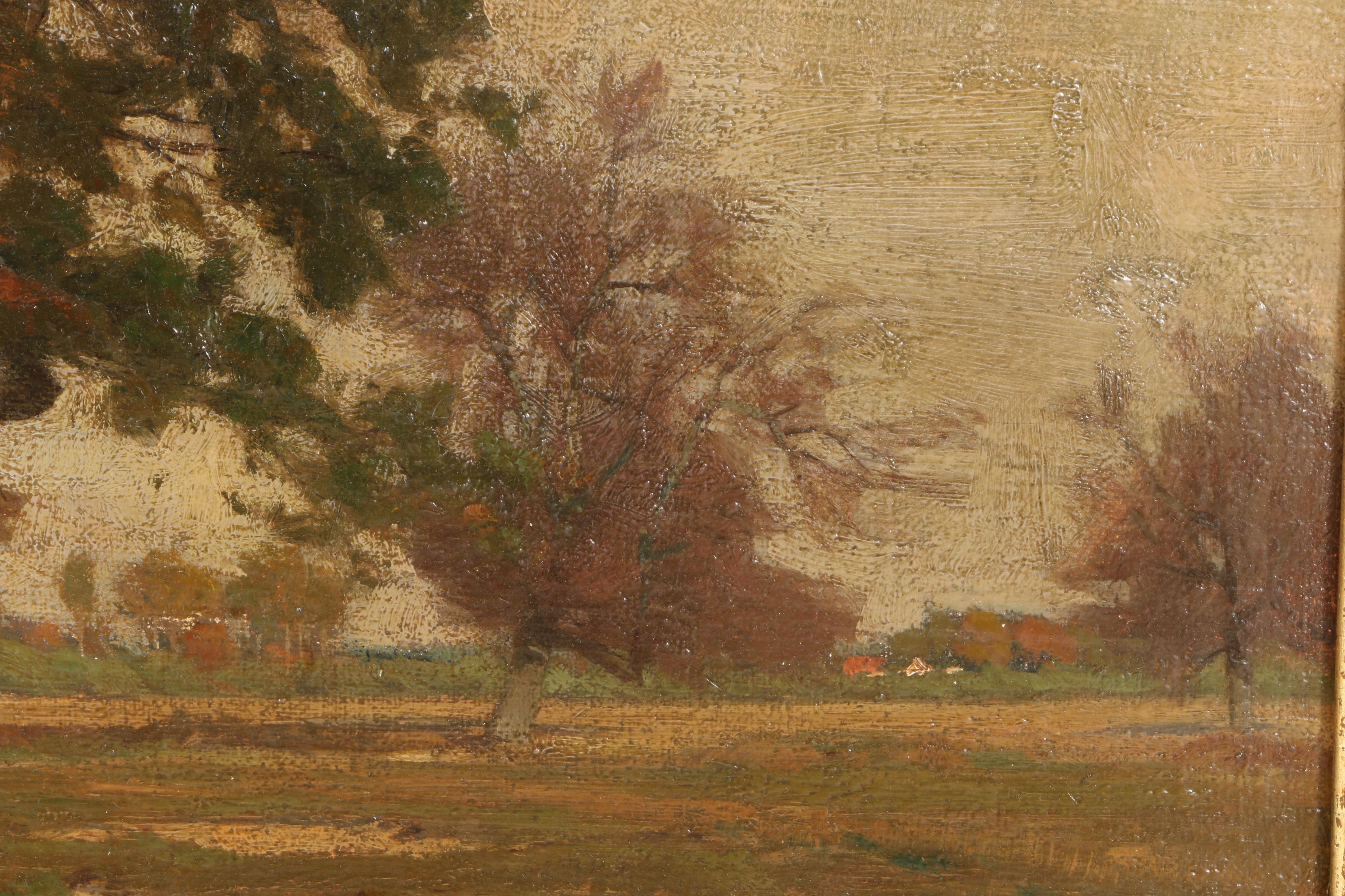 1877 Otto Strutzel Oil on Canvas "Landscape with Figures and Distant Farm"