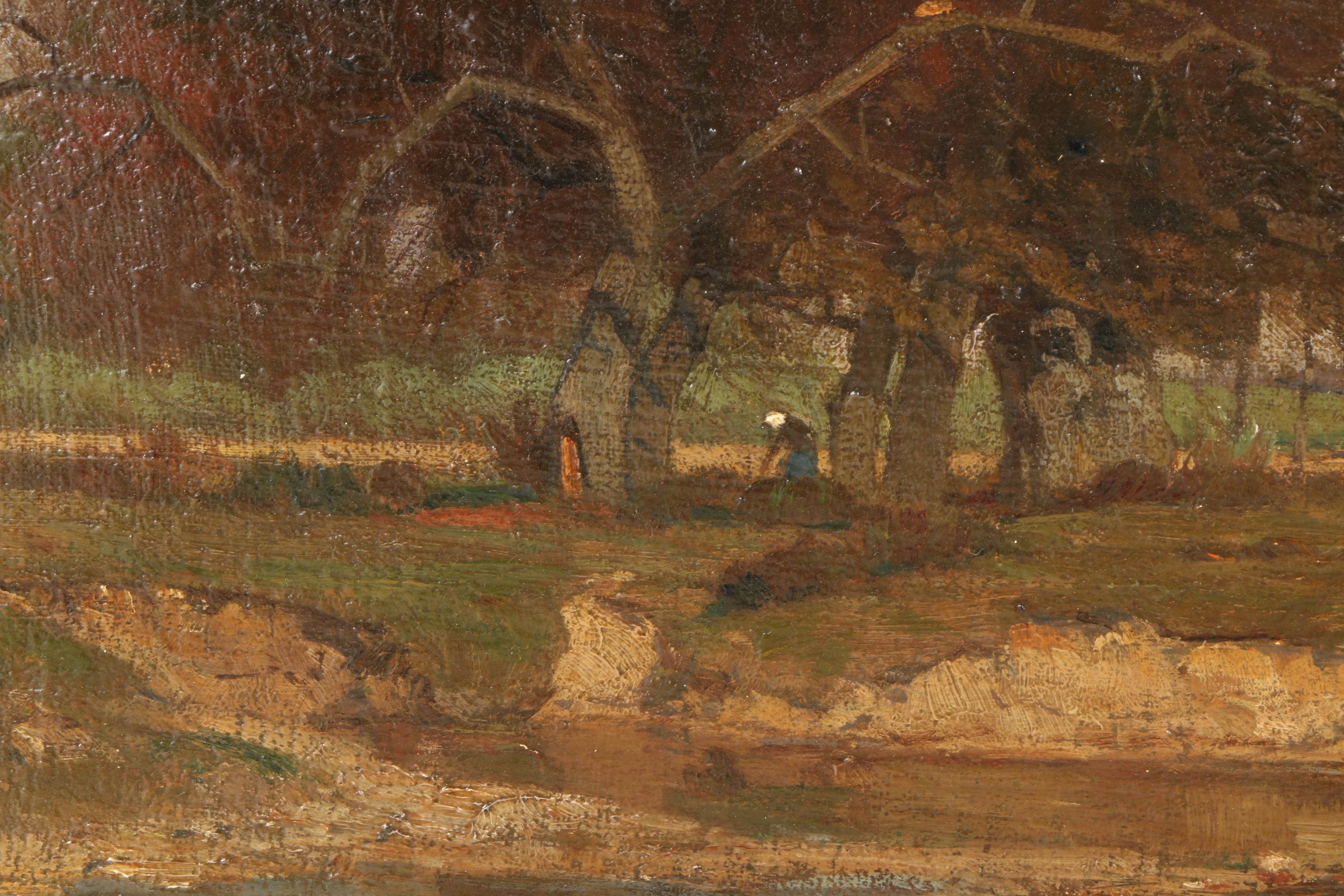 1877 Otto Strutzel Oil on Canvas "Landscape with Figures and Distant Farm"