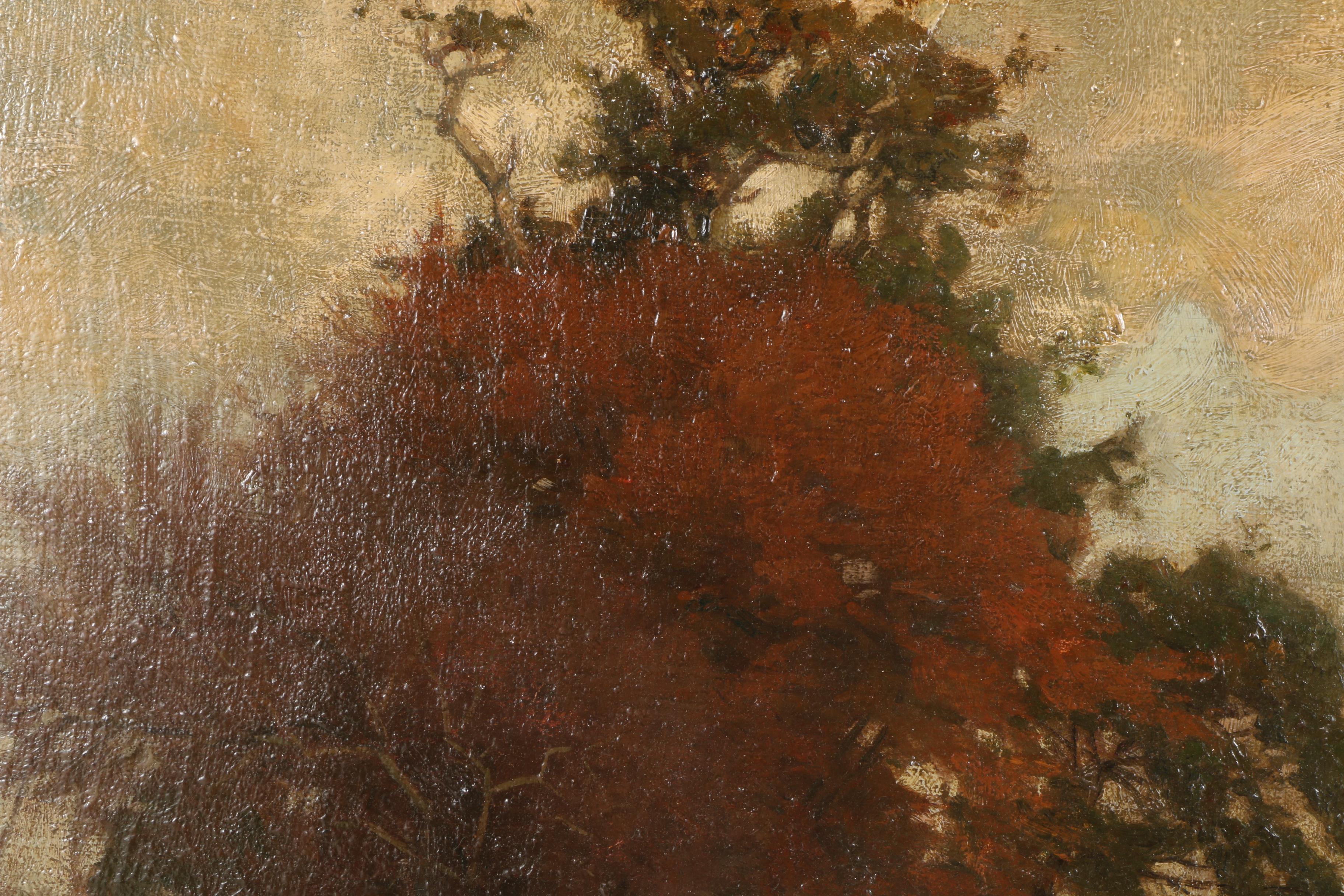 1877 Otto Strutzel Oil on Canvas "Landscape with Figures and Distant Farm"