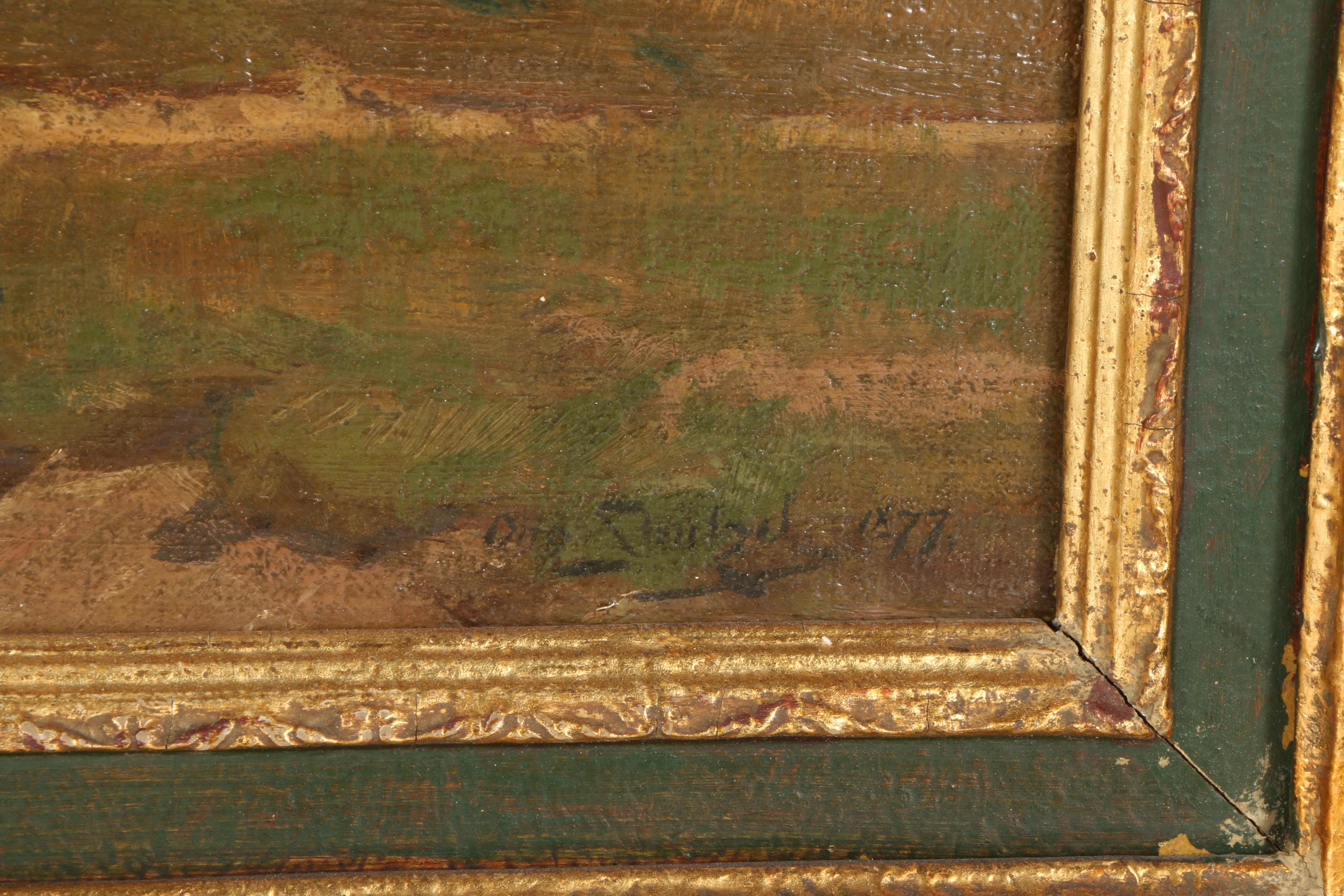 1877 Otto Strutzel Oil on Canvas "Landscape with Figures and Distant Farm"