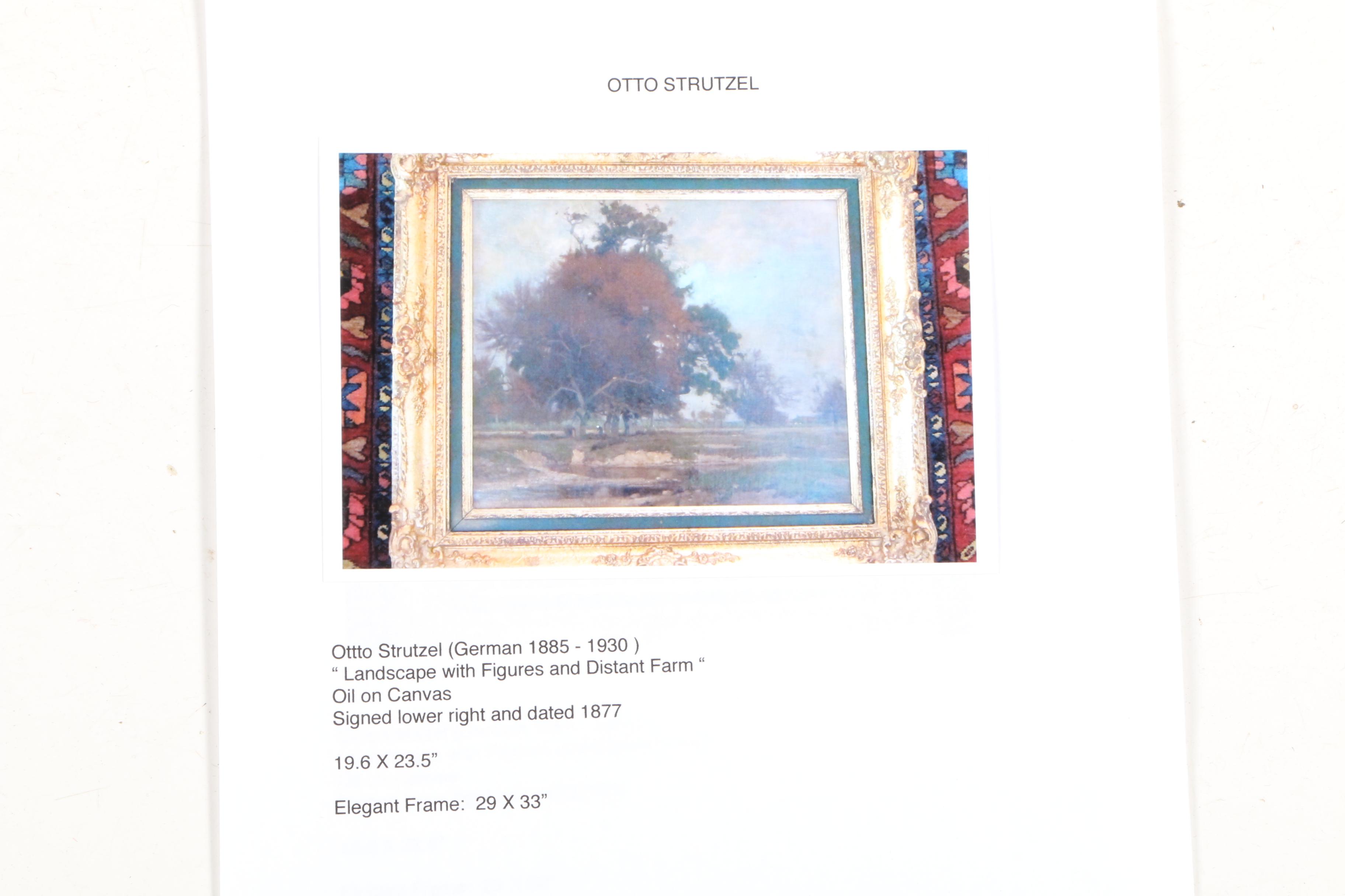 1877 Otto Strutzel Oil on Canvas "Landscape with Figures and Distant Farm"