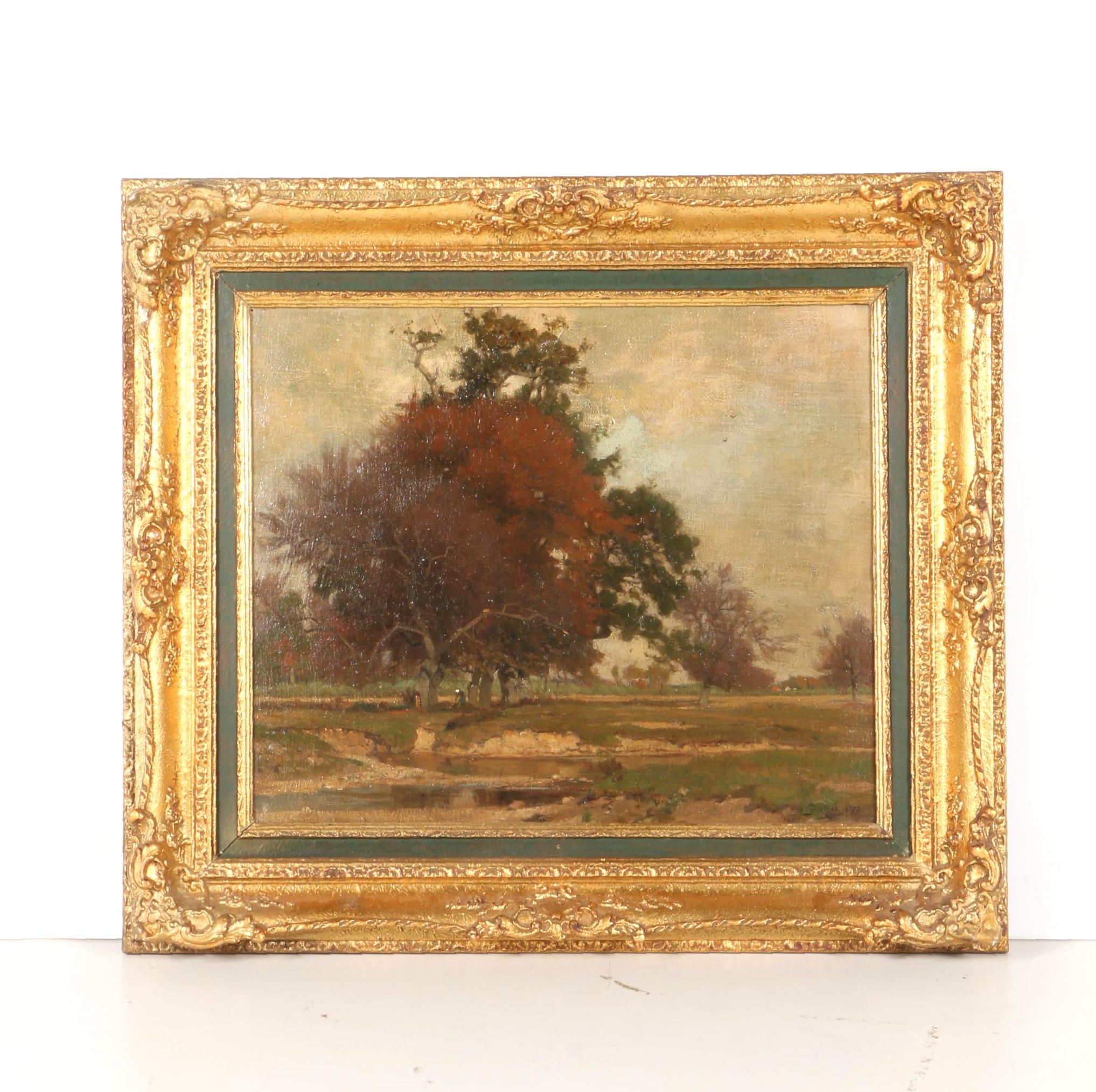 1877 Otto Strutzel Oil on Canvas "Landscape with Figures and Distant Farm"