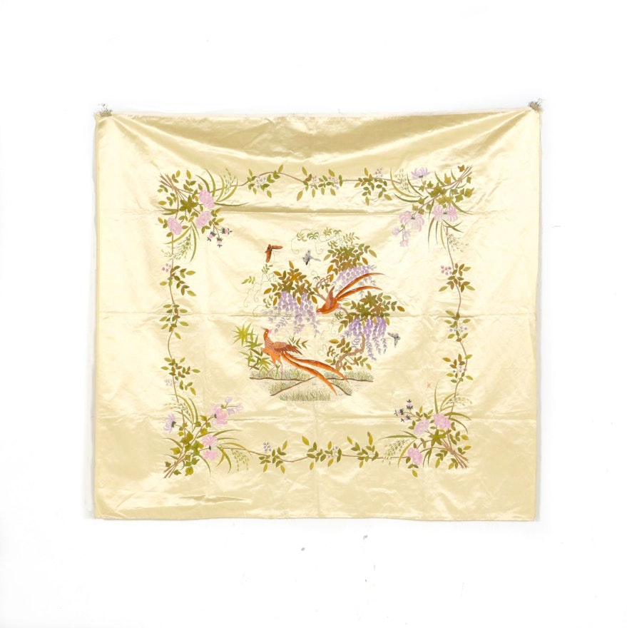 Chinese Embroidered Silk Wall Hanging of Birds and Flowers