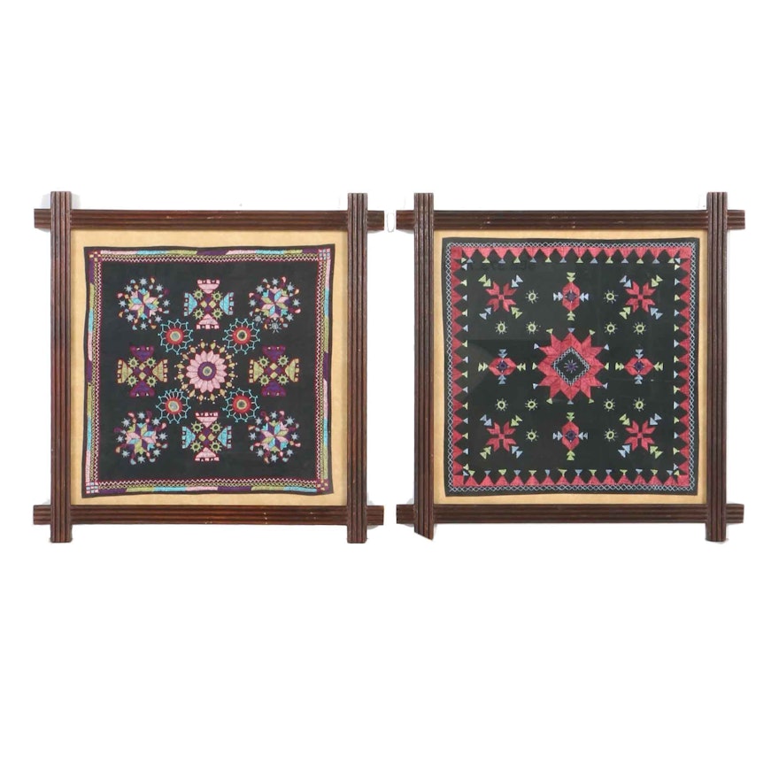 Pair of Framed Mirror Work Embroidery Pieces