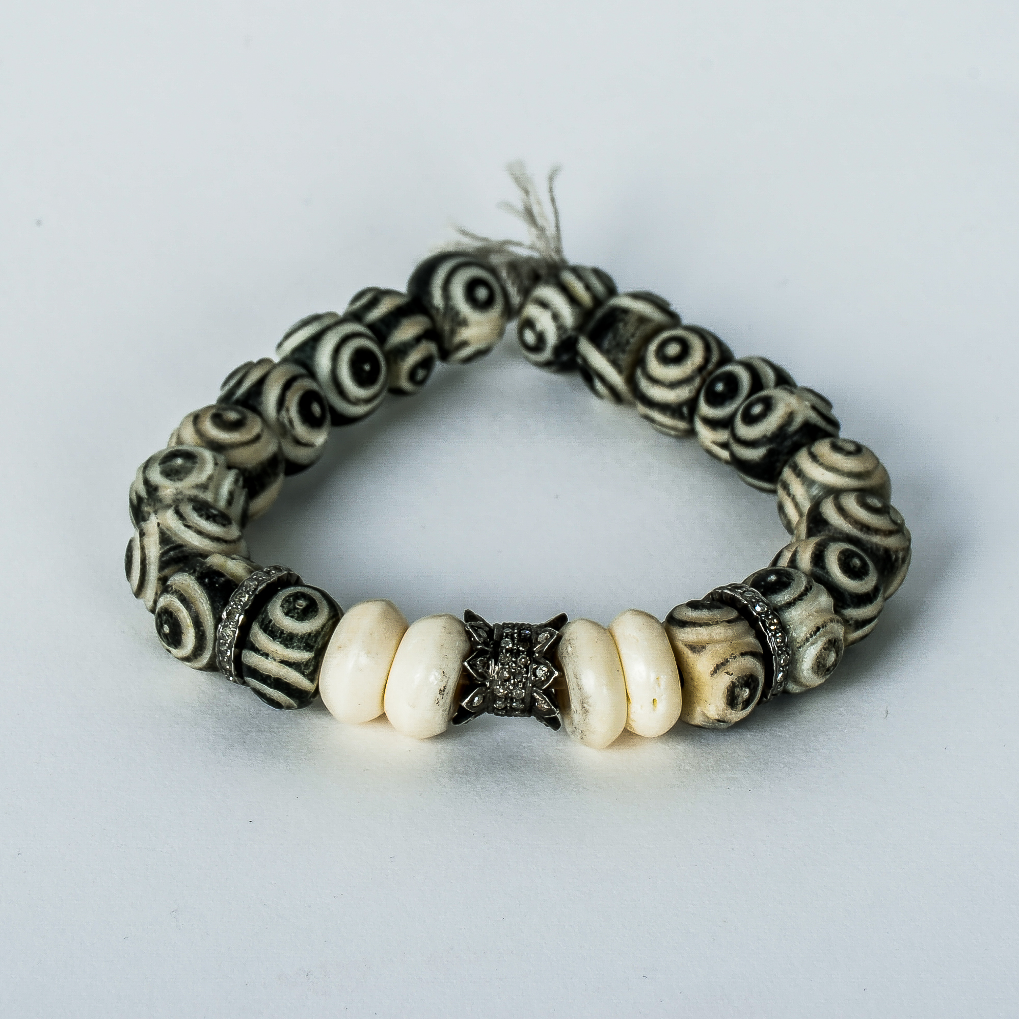 Oxidized Sterling Silver, 1.00 CTW Diamond and Bone Beaded Stretch Bracelet