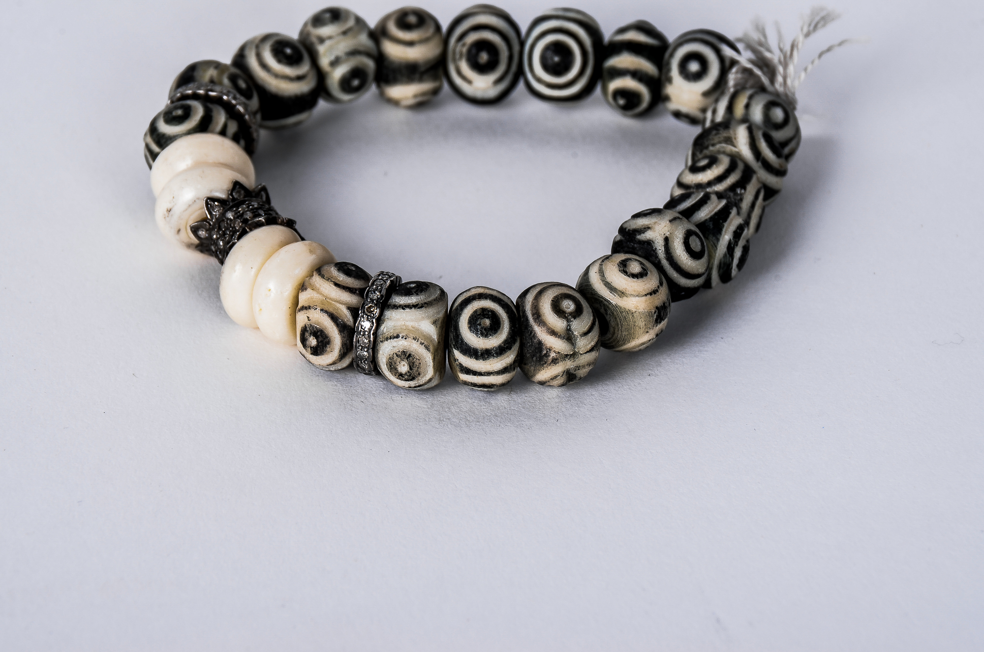Oxidized Sterling Silver, 1.00 CTW Diamond and Bone Beaded Stretch Bracelet