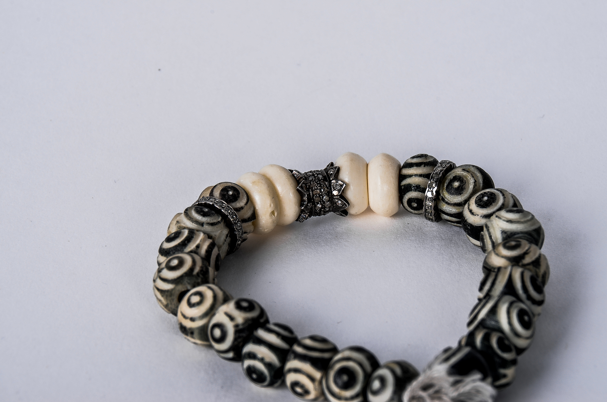 Oxidized Sterling Silver, 1.00 CTW Diamond and Bone Beaded Stretch Bracelet