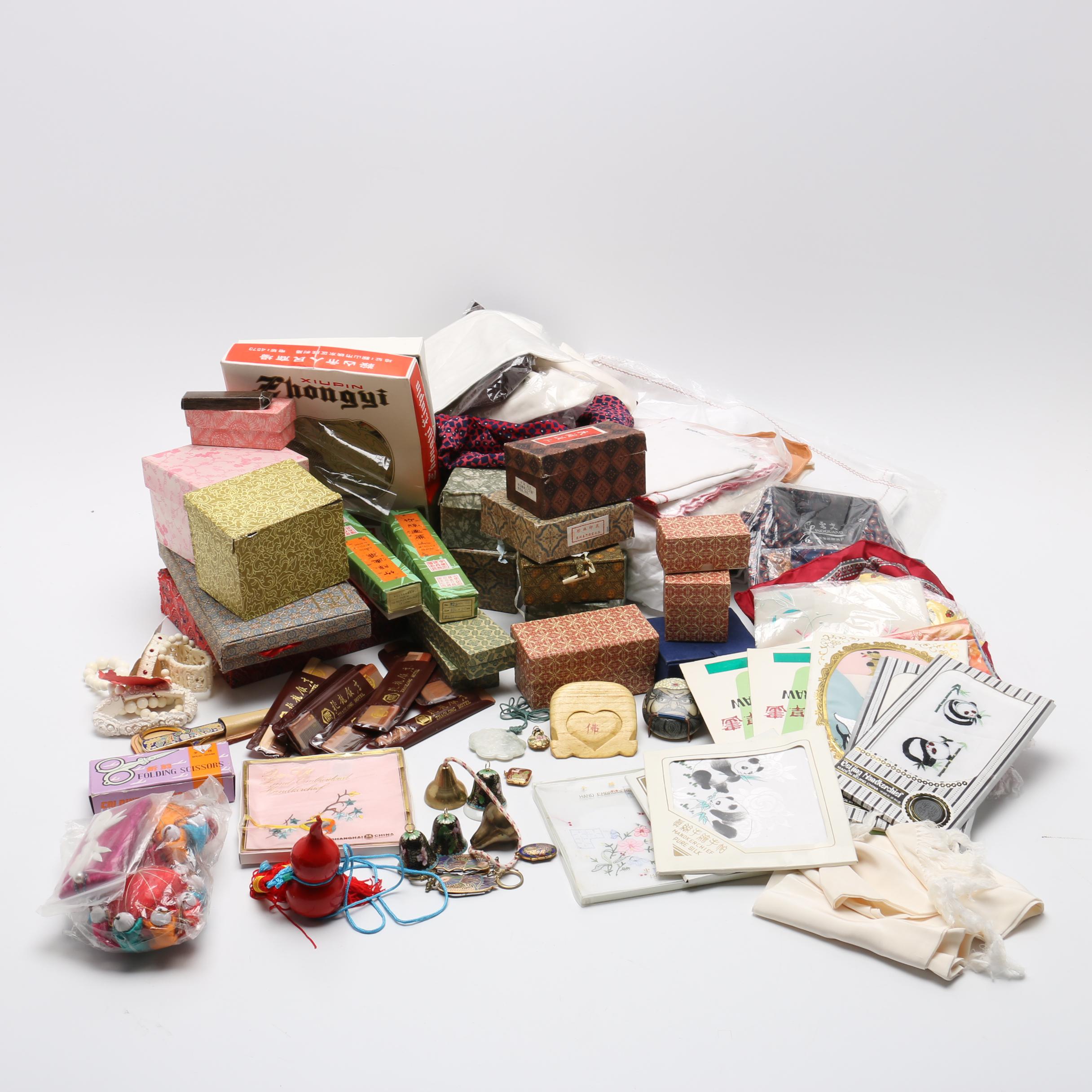 Large Assortment of Chinese Souvenirs Including Meerschaum Jewelry and Panda Items
