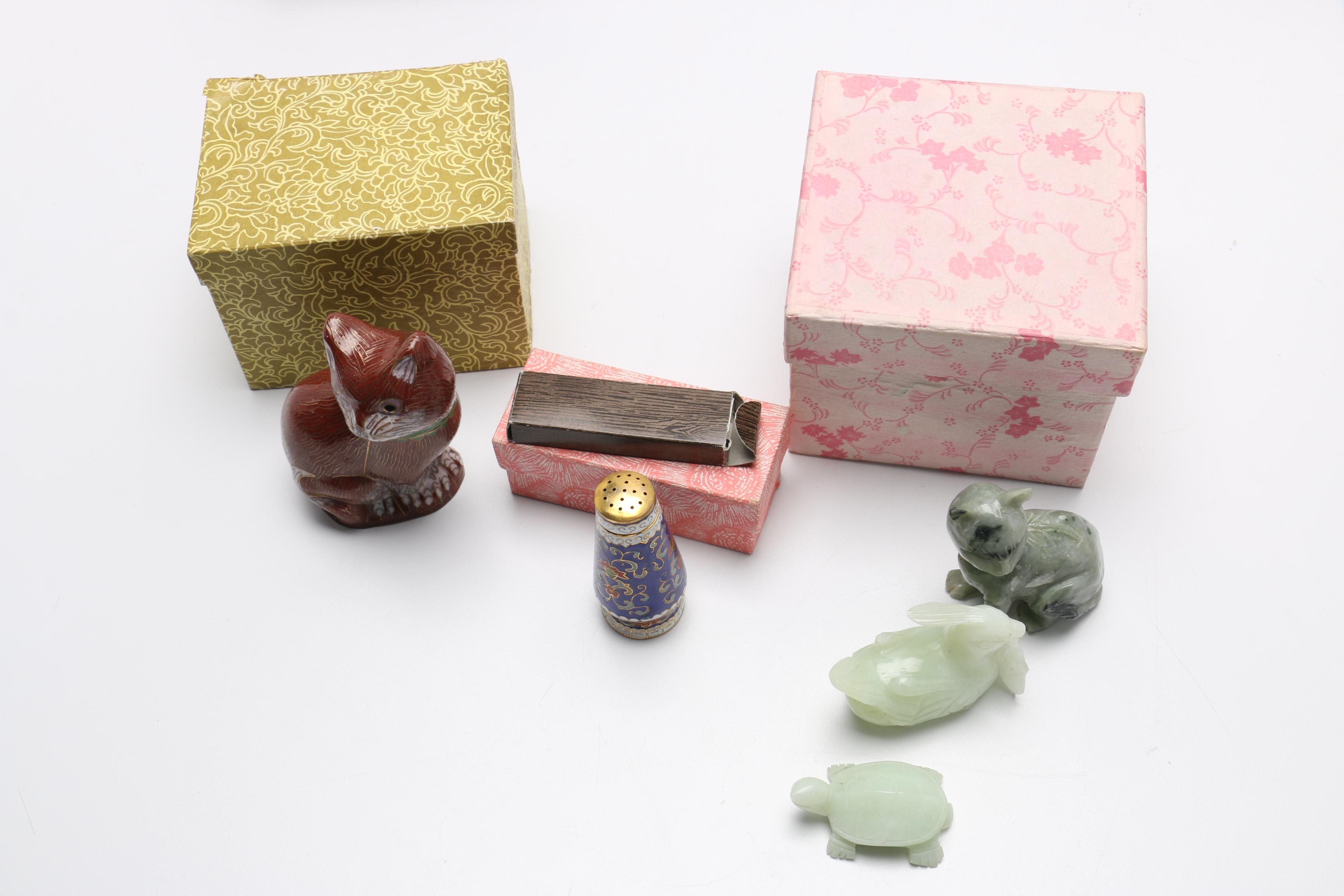 Large Assortment of Chinese Souvenirs Including Meerschaum Jewelry and Panda Items