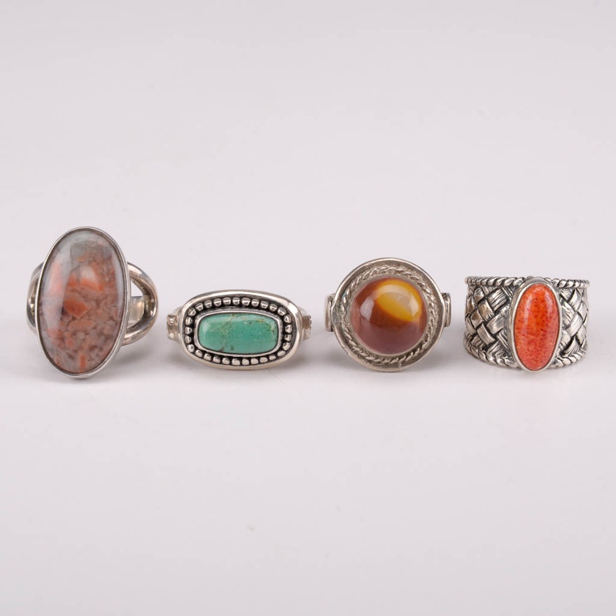 Collection of Sterling Silver Rings With Coral, Agate, and Turquoise