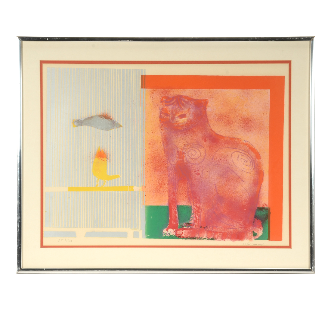 Signed Hand-Pulled Color Lithograph with Cat and Fish