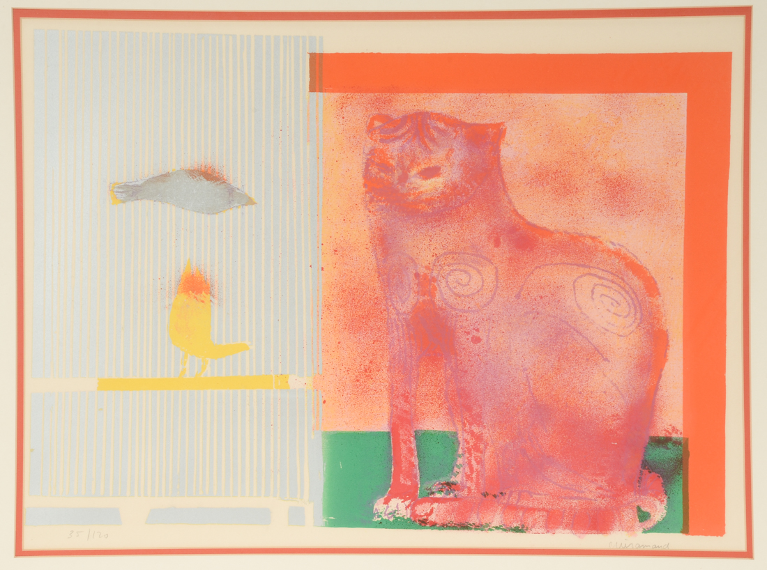 Signed Hand-Pulled Color Lithograph with Cat and Fish