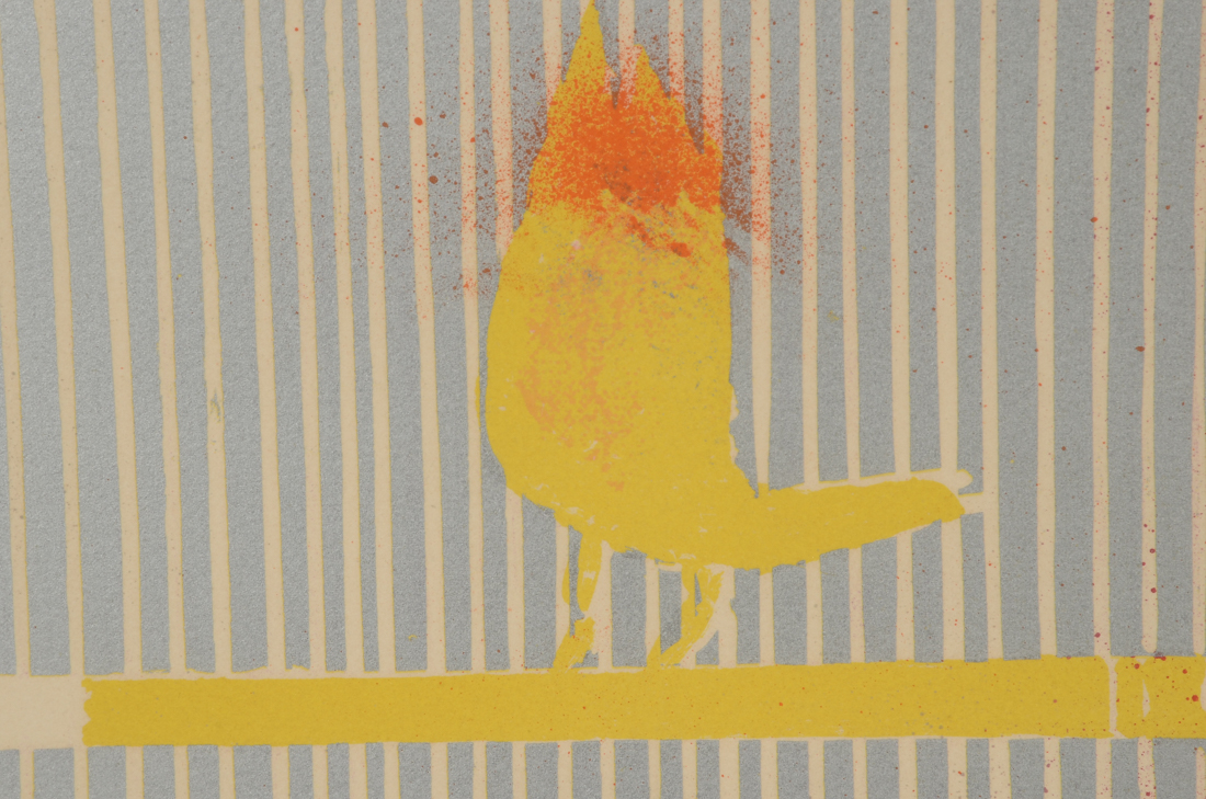 Signed Hand-Pulled Color Lithograph with Cat and Fish