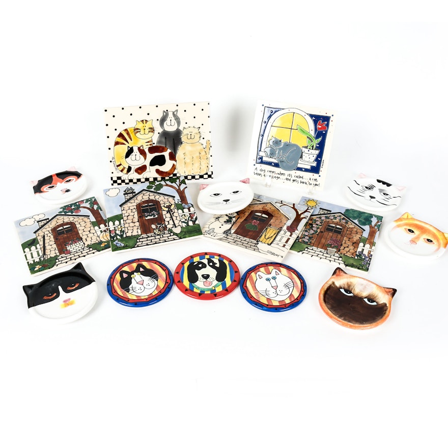 Collection of Cat and Dog Ceramic Coasters and Trivets